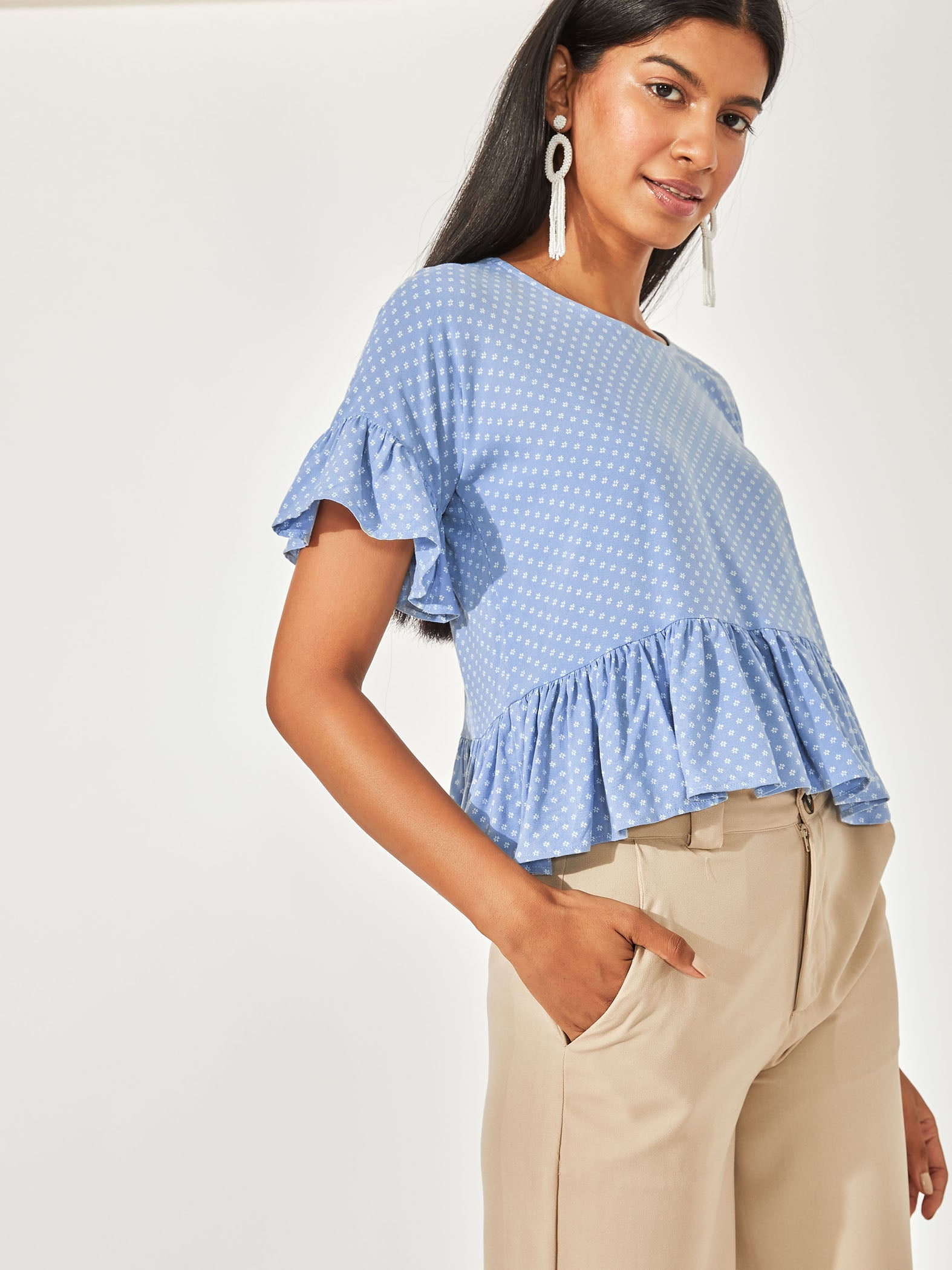 Aqua Polka Ruffle Top