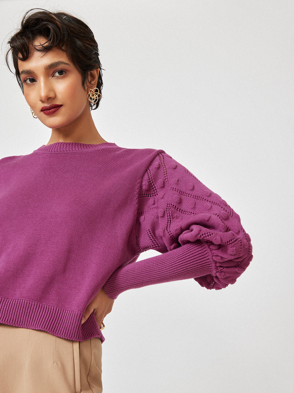 Berry Balloon Sleeve Sweater