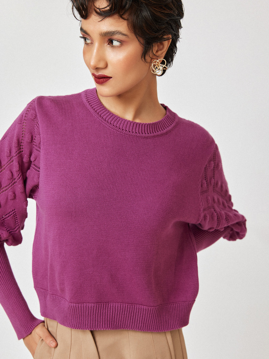 Berry Balloon Sleeve Sweater