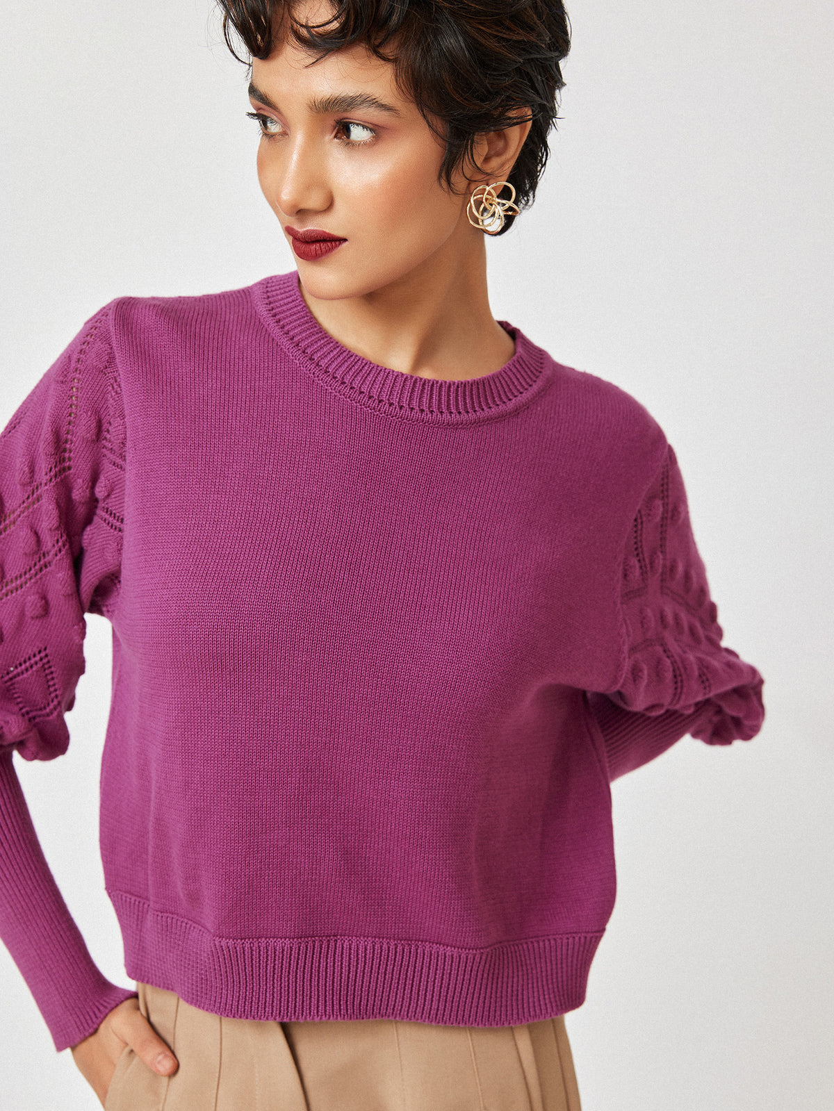 Berry Balloon Sleeve Sweater