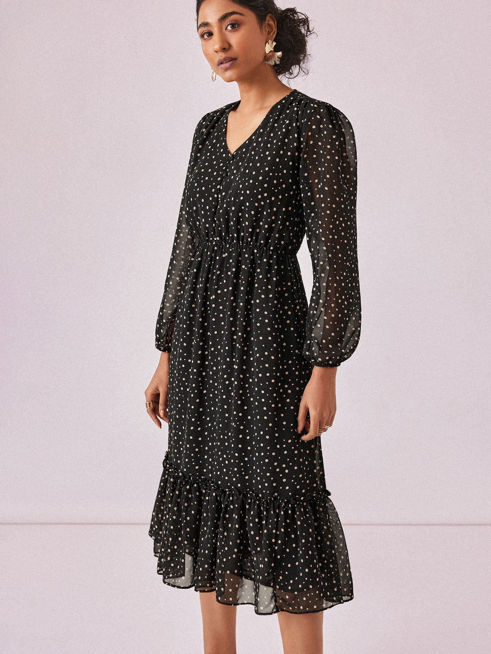 Black Chiffon Polka Midi Dress