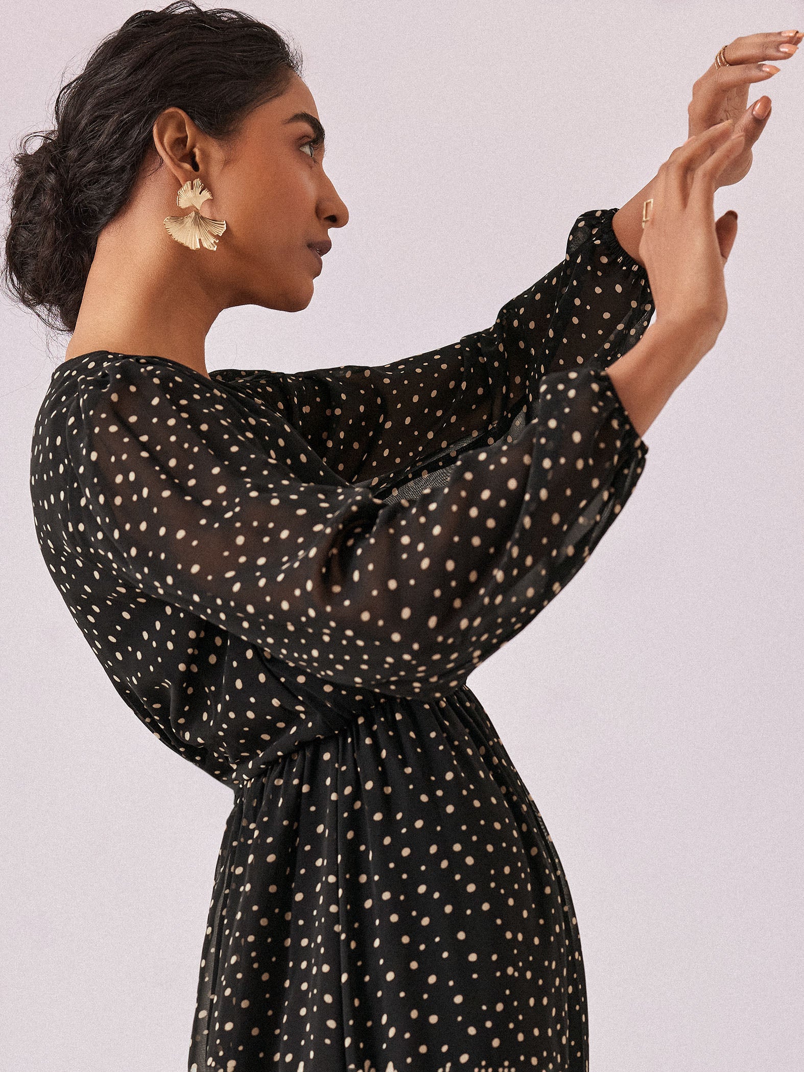 Black Chiffon Polka Midi Dress