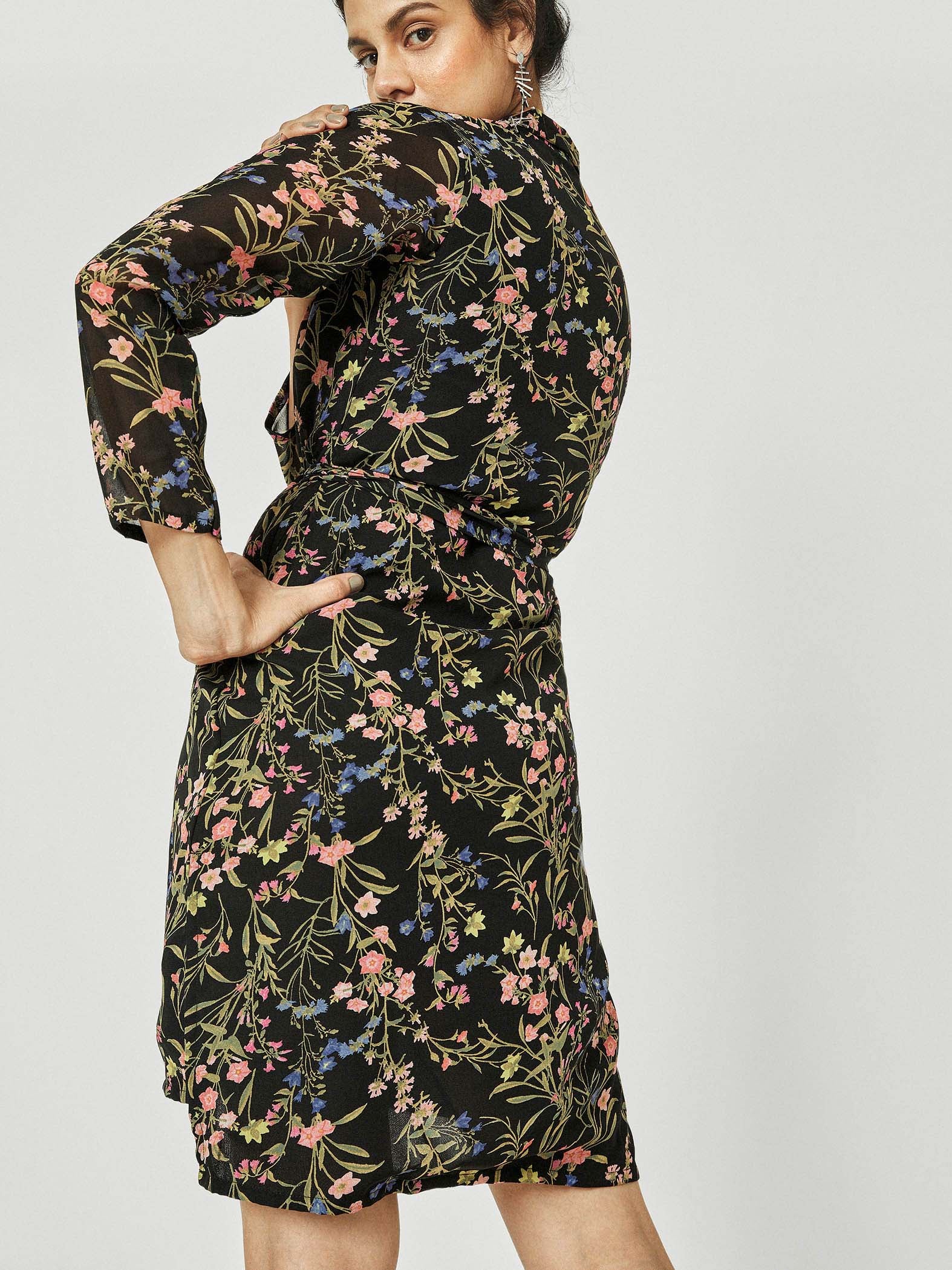 Black Floral Belted Shirt Dress