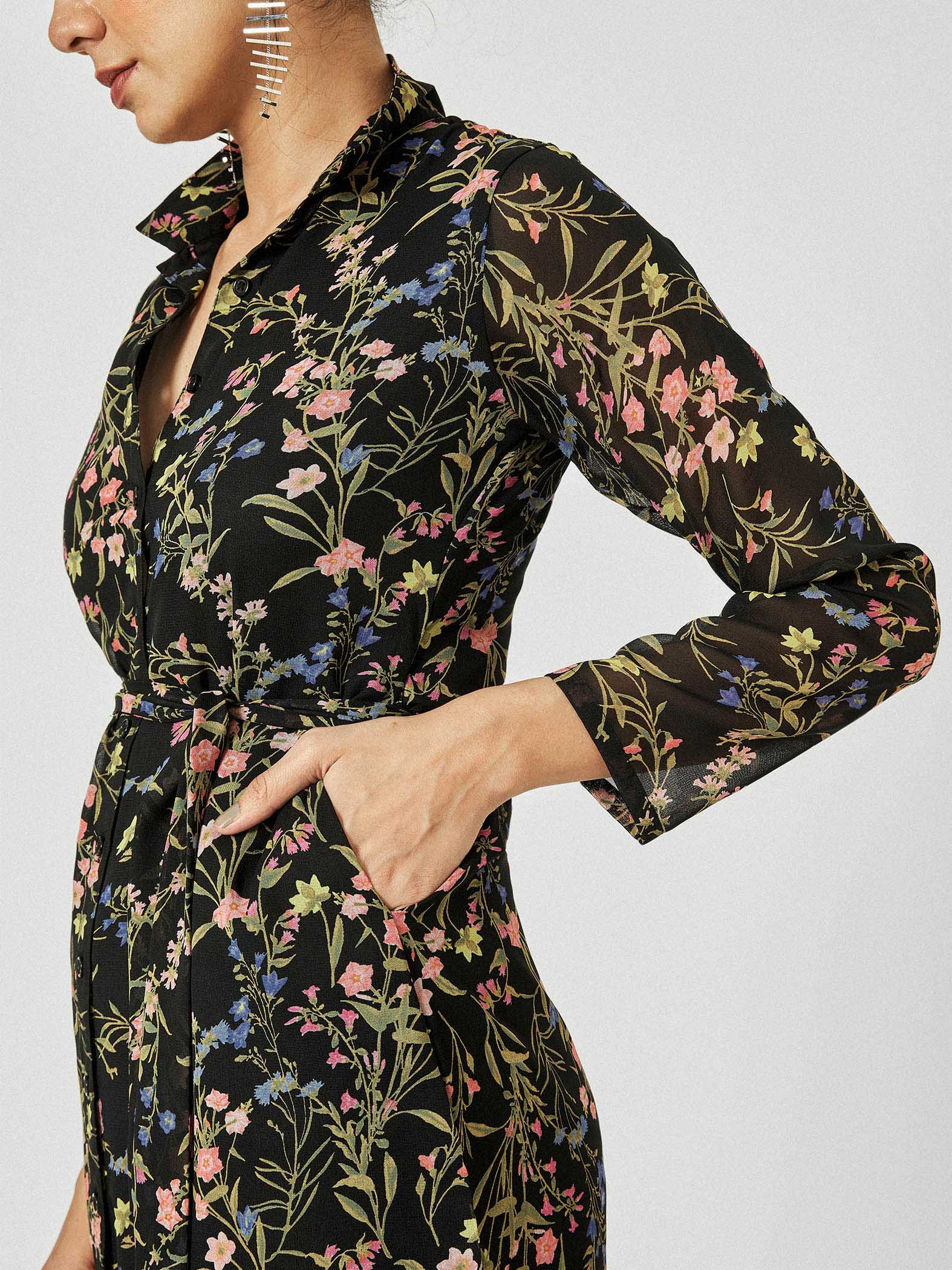 Black Floral Belted Shirt Dress