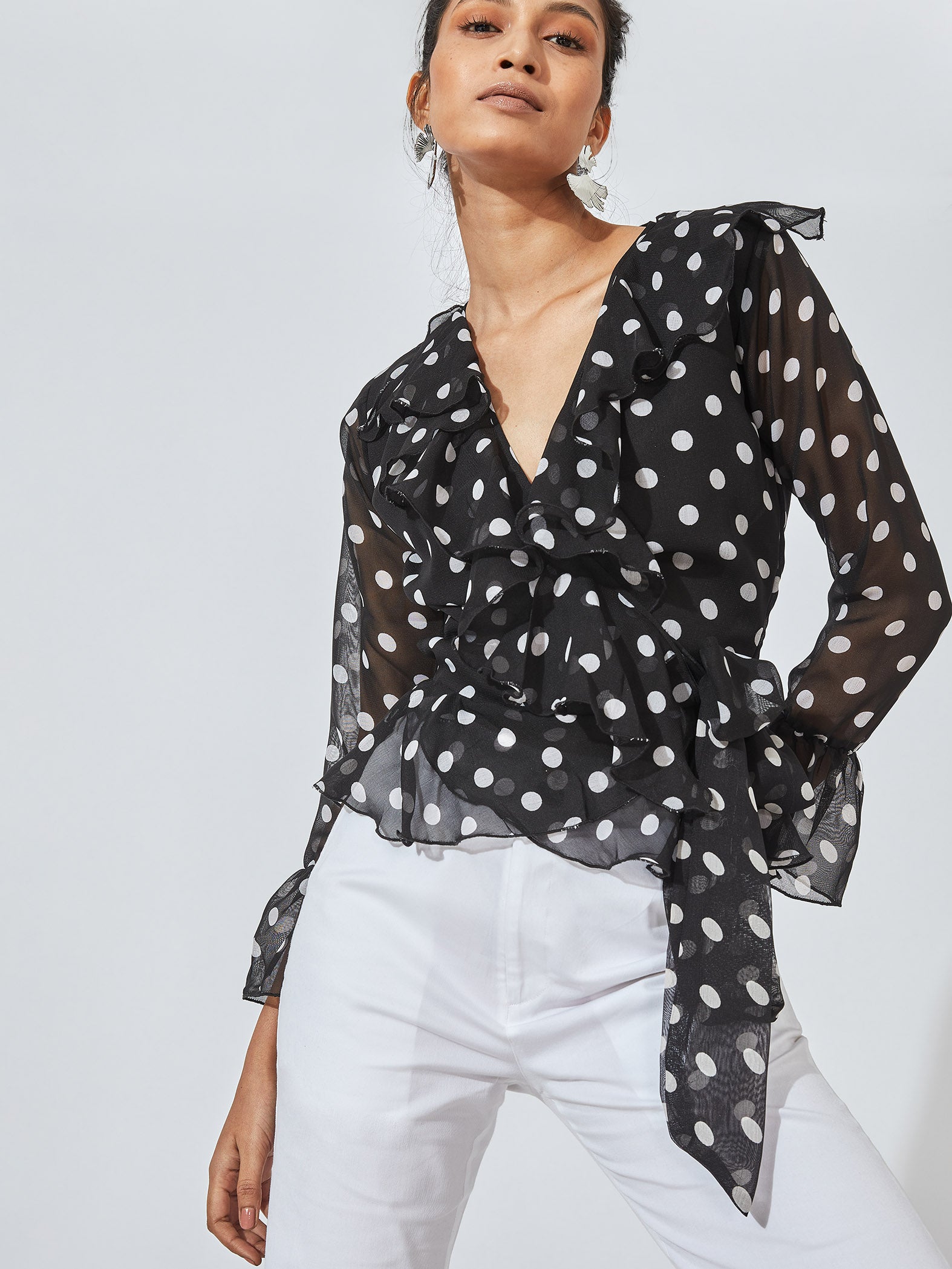 Black Polka Wrap Top