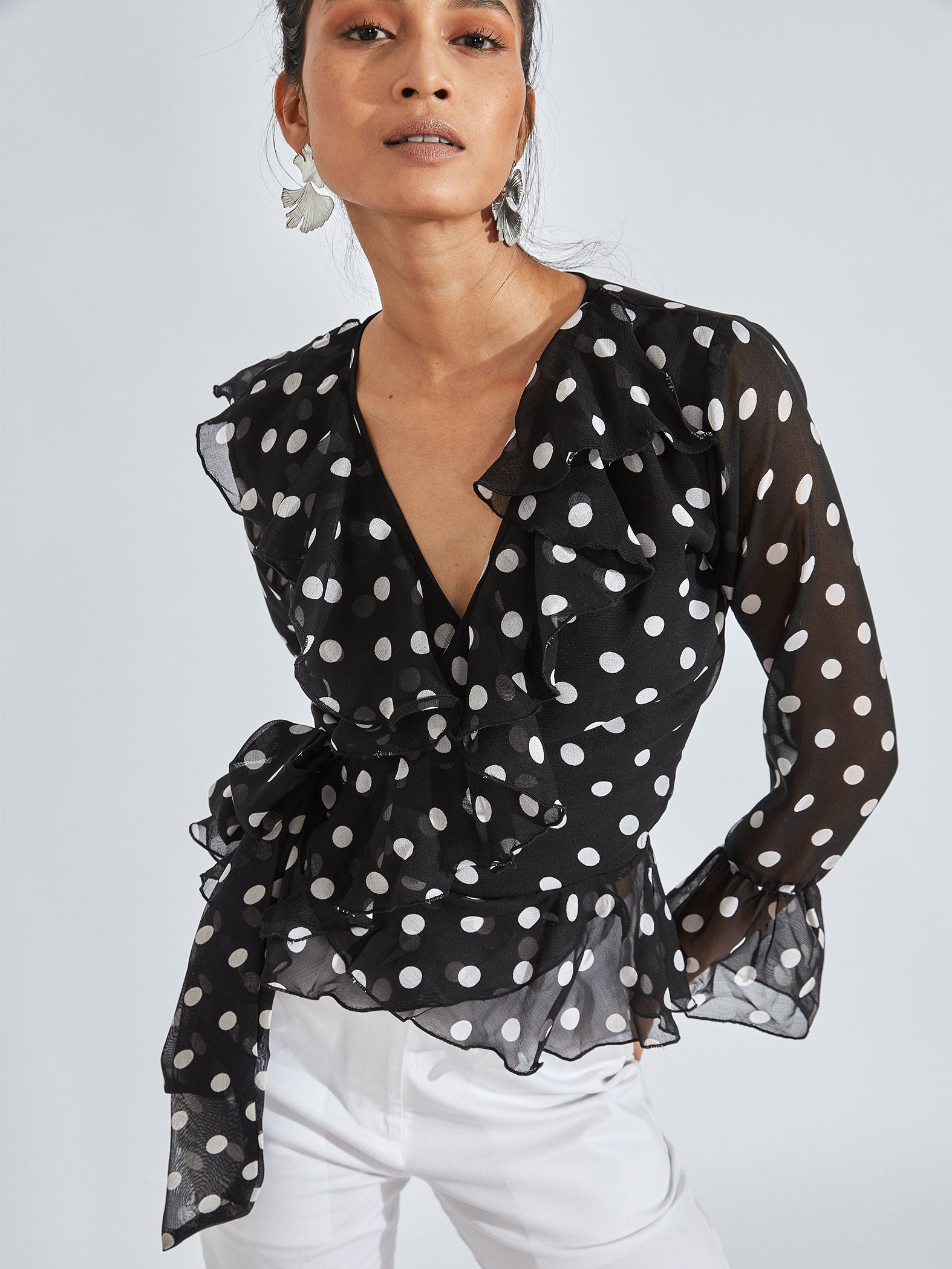 Black Polka Wrap Top