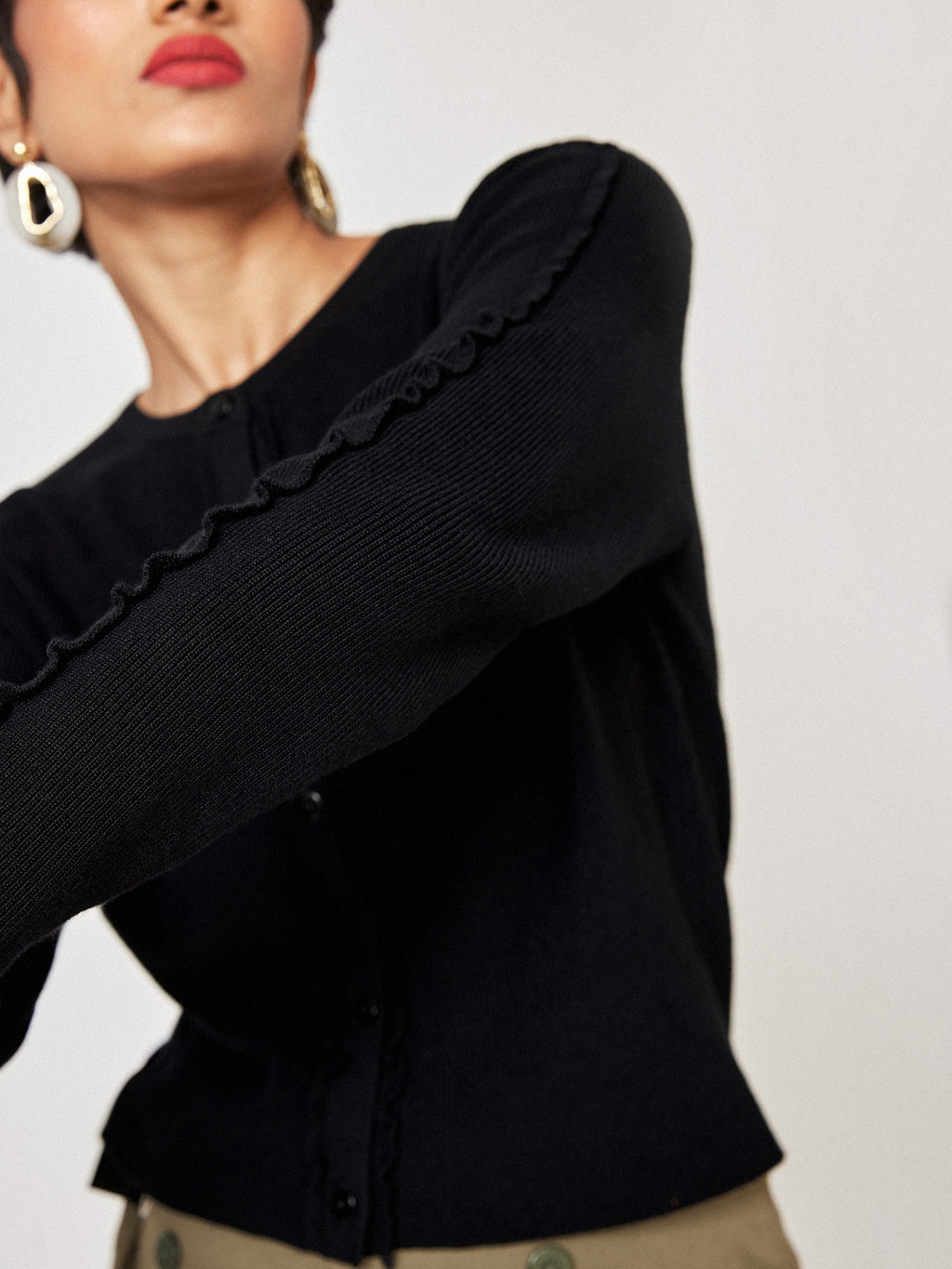 Black Ruffled Sleeve Cardigan