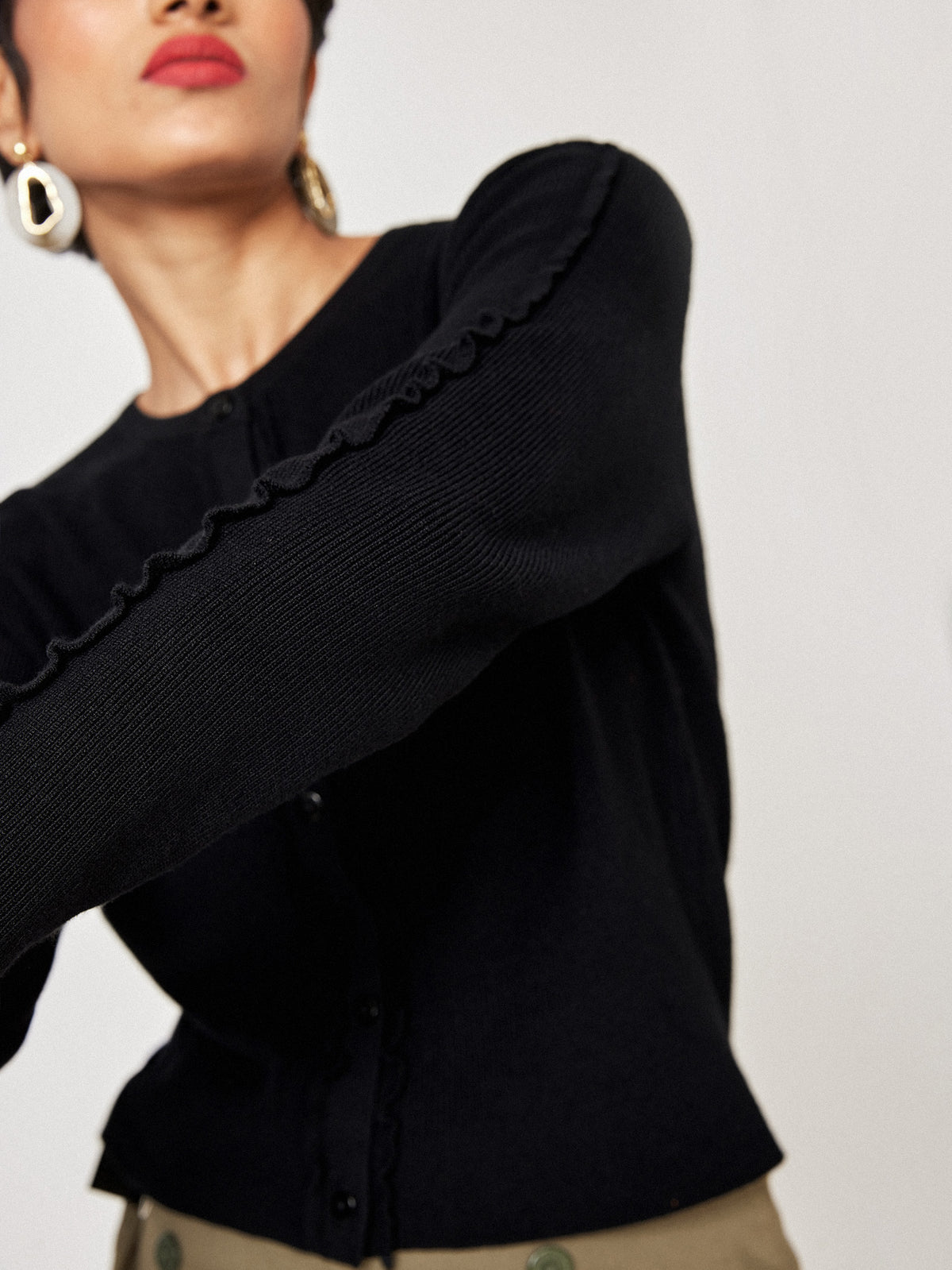 Black Ruffled Sleeve Cardigan