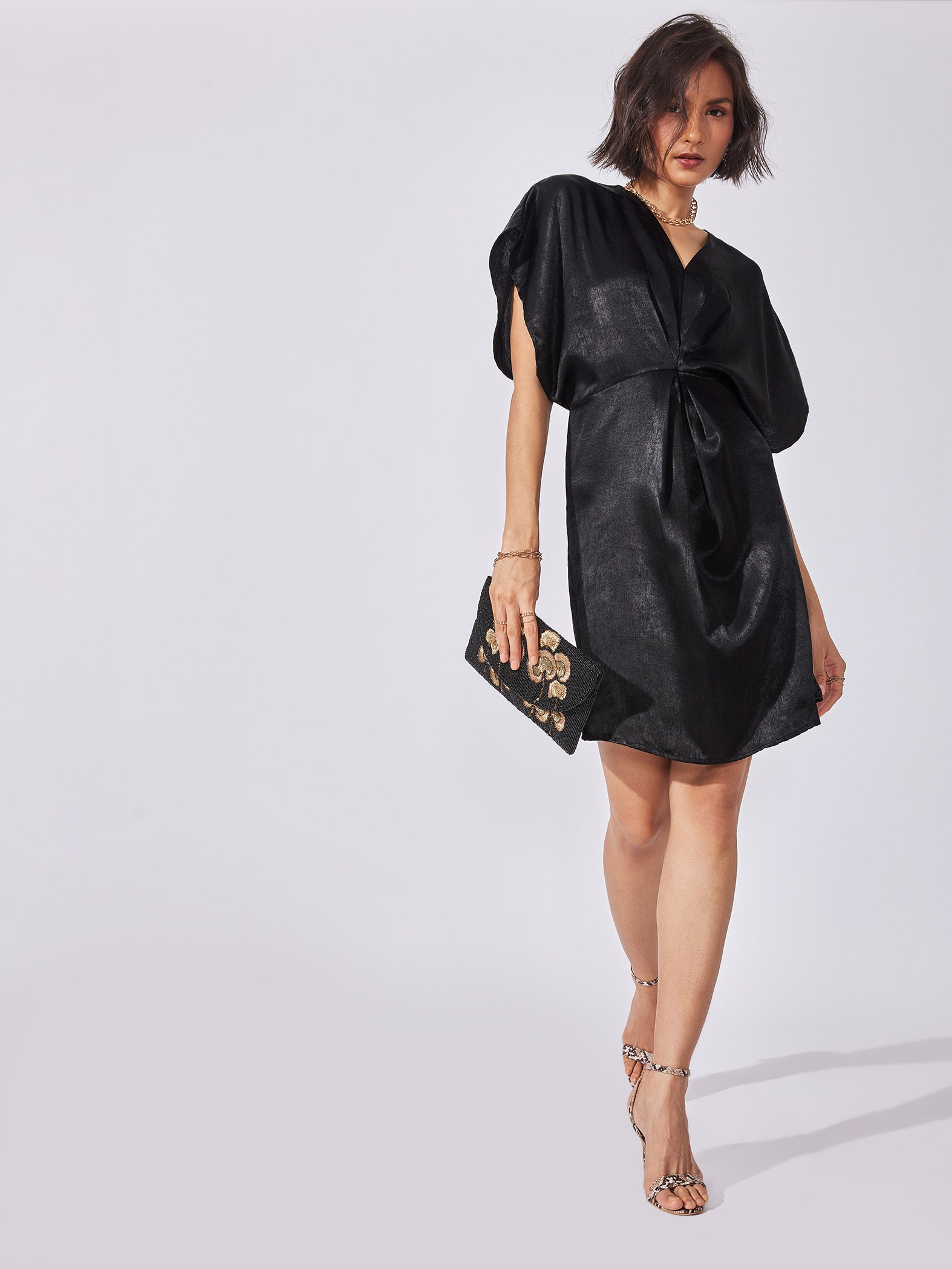 Black Satin gathered dress