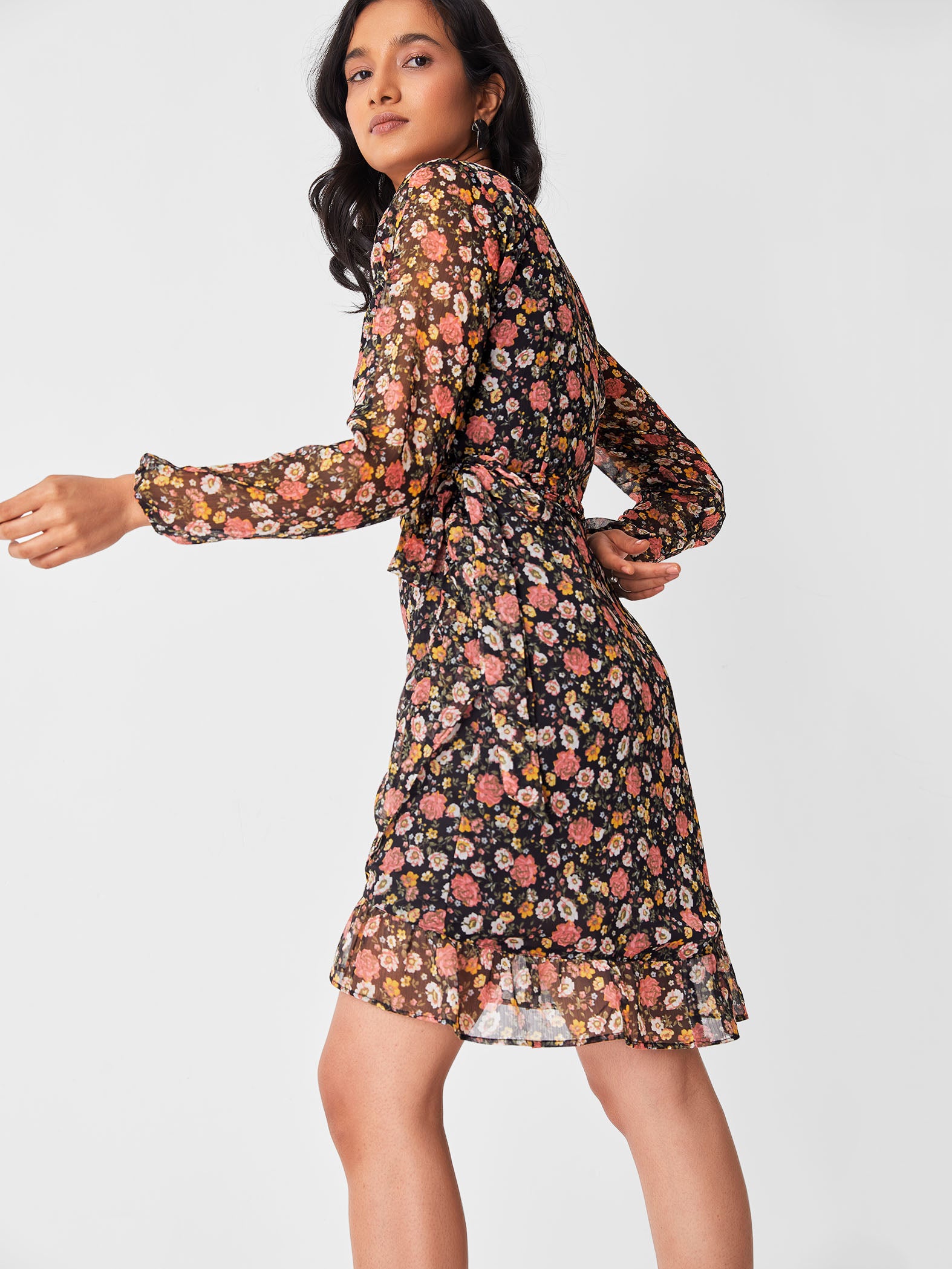 Black & Blush Floral Wrap Dress