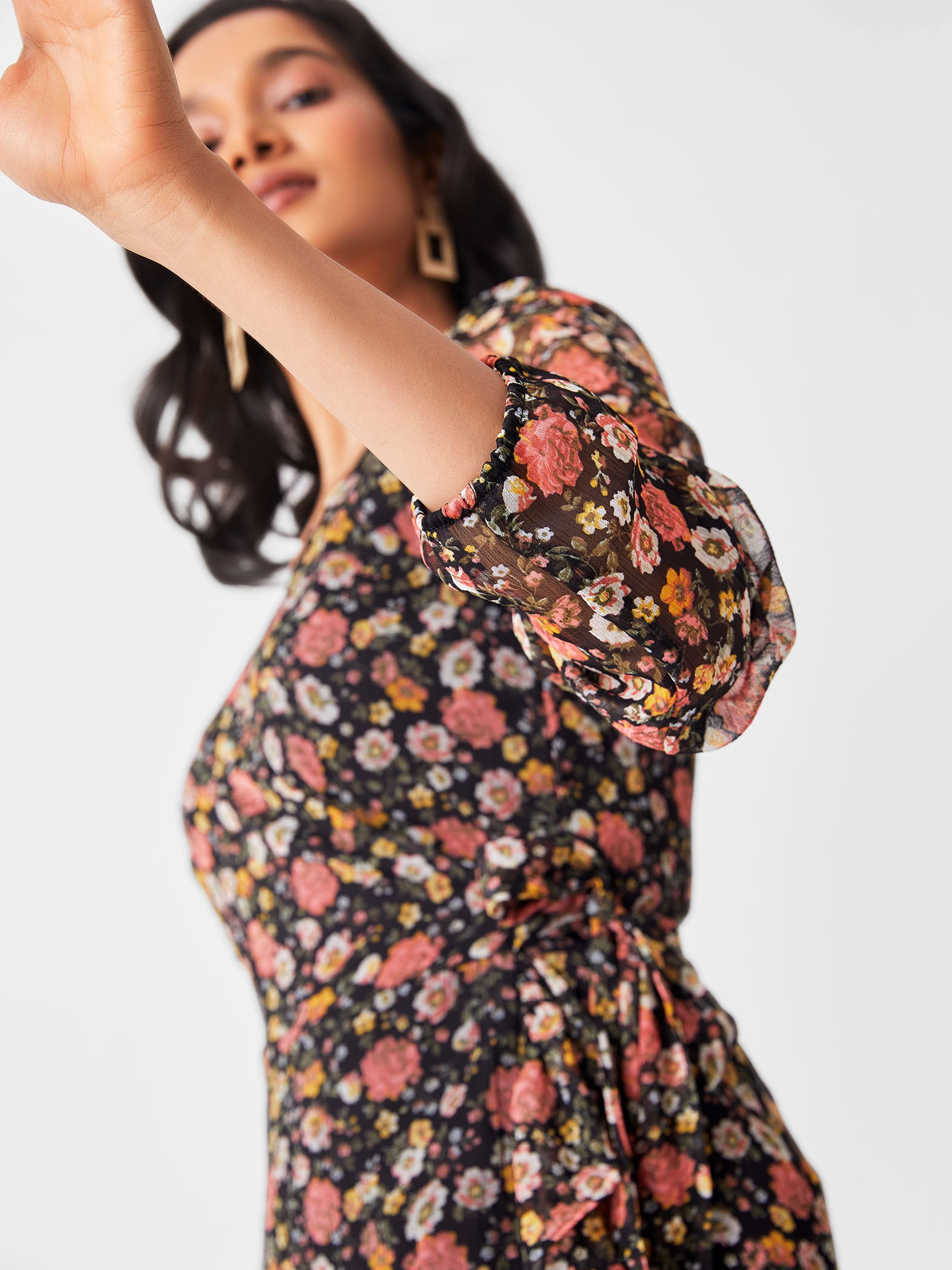 Black & Blush Floral Wrap Dress