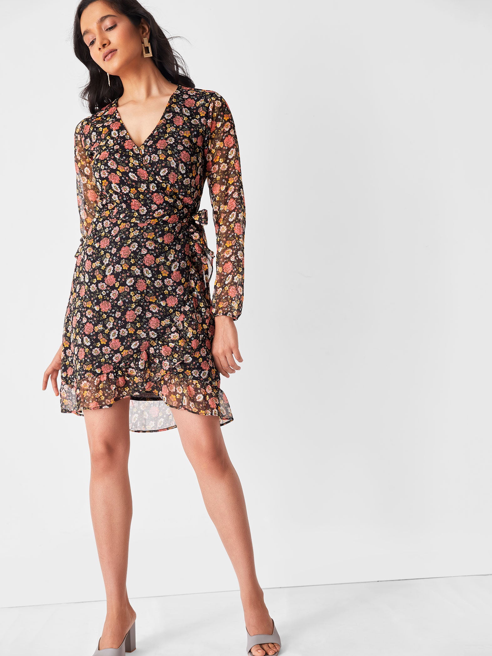 Black & Blush Floral Wrap Dress
