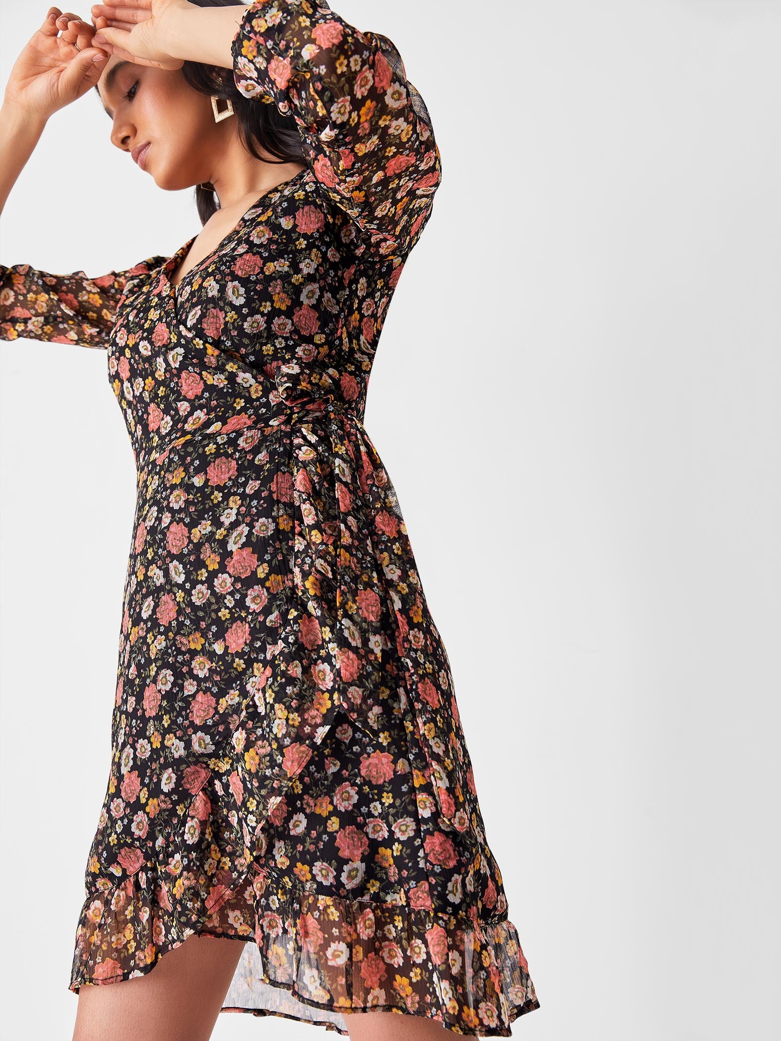 Black & Blush Floral Wrap Dress
