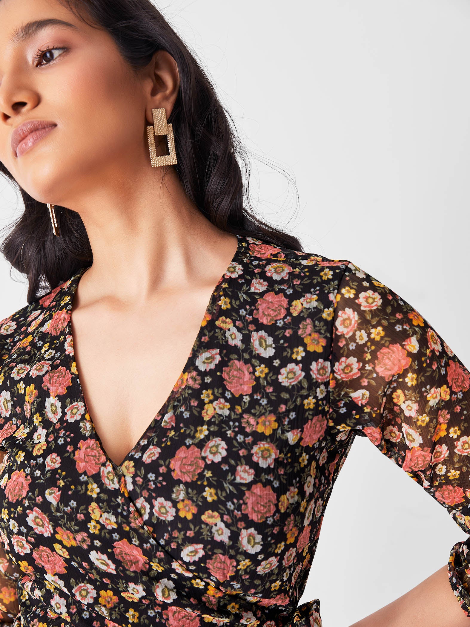 Black & Blush Floral Wrap Dress