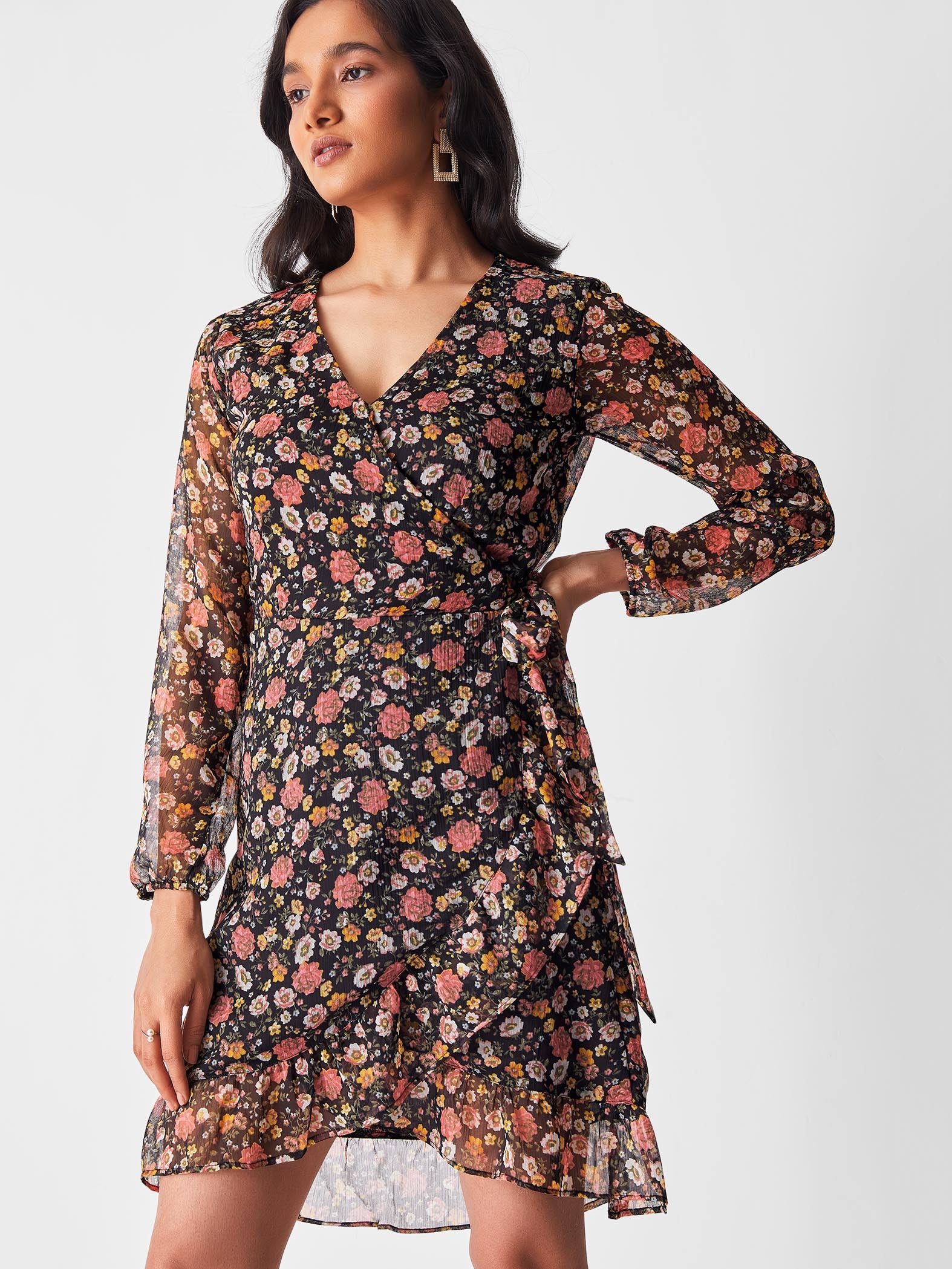 Black & Blush Floral Wrap Dress