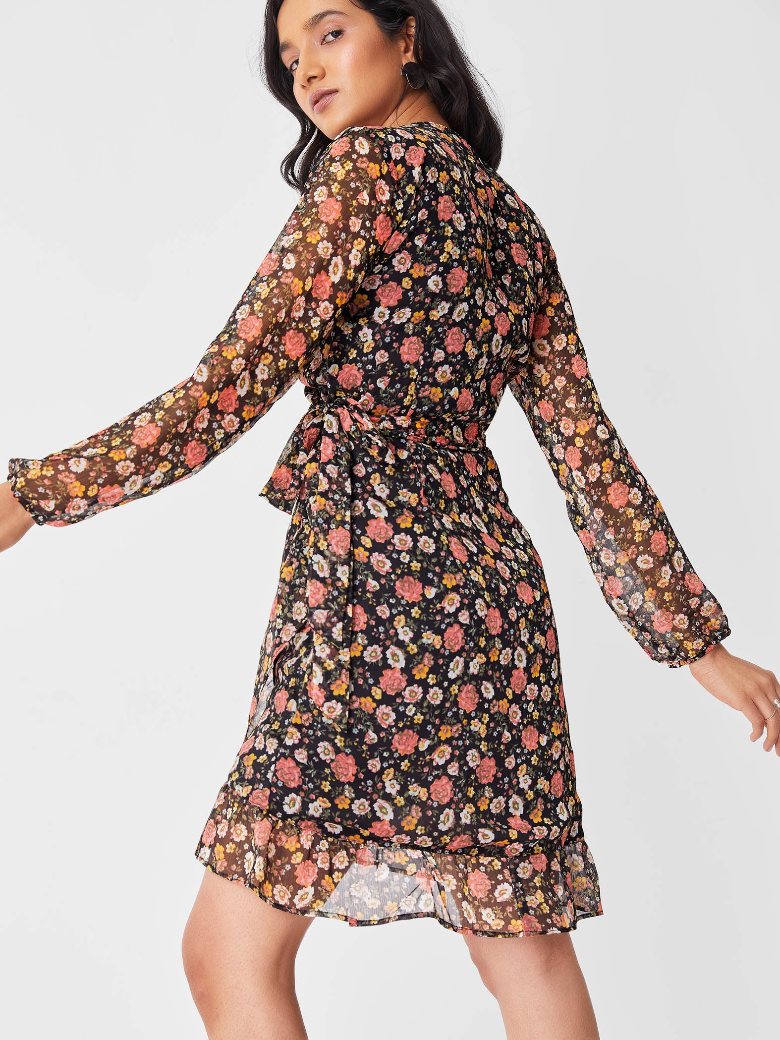 Black & Blush Floral Wrap Dress