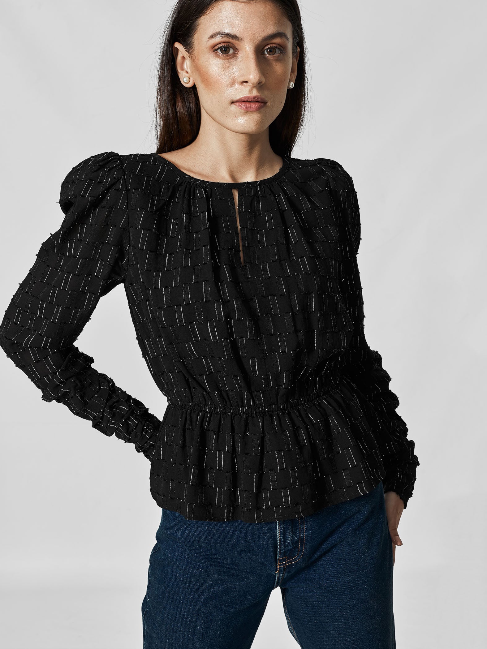 Black Puff Sleeve Peplum Top