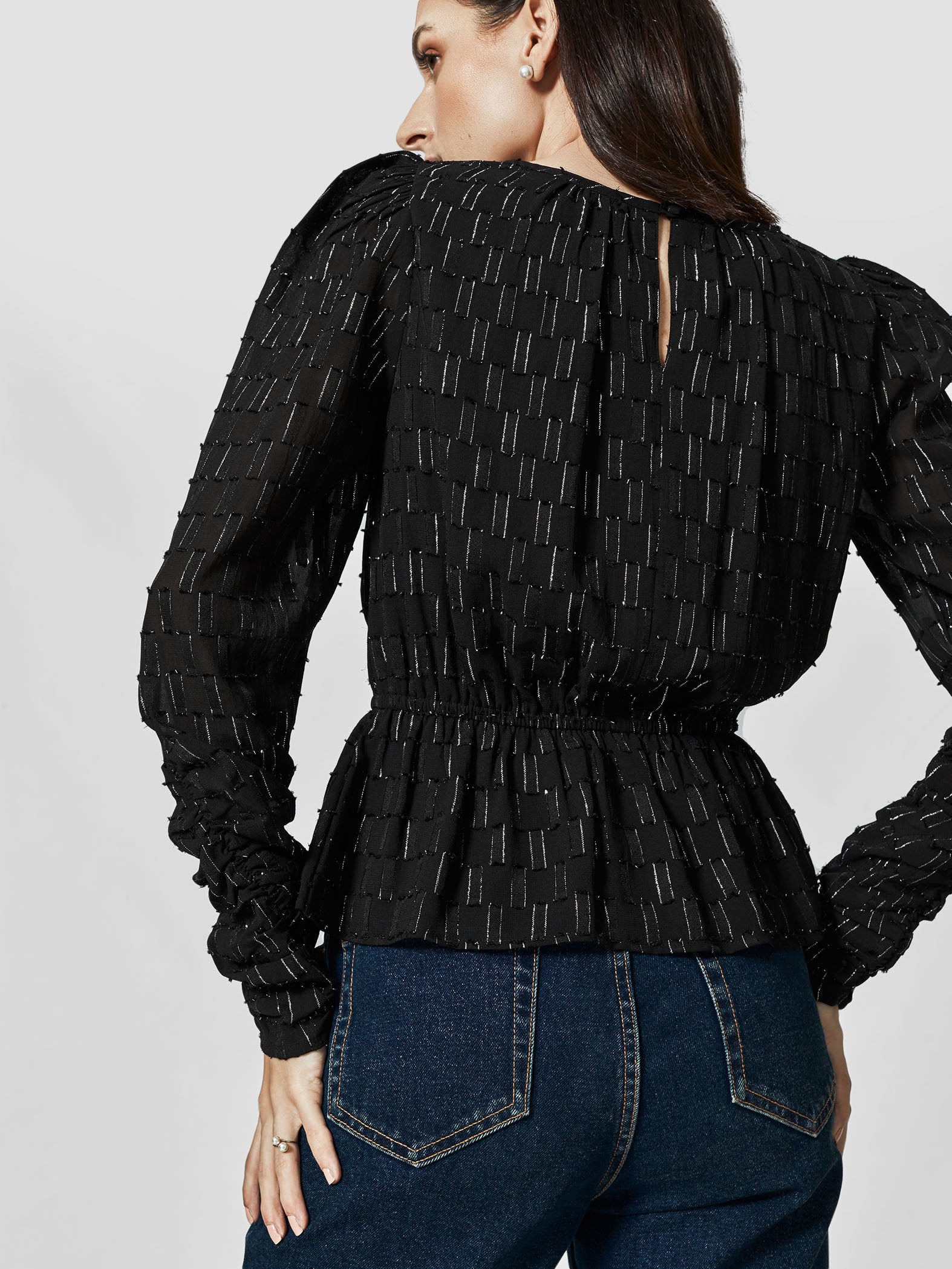 Black Puff Sleeve Peplum Top