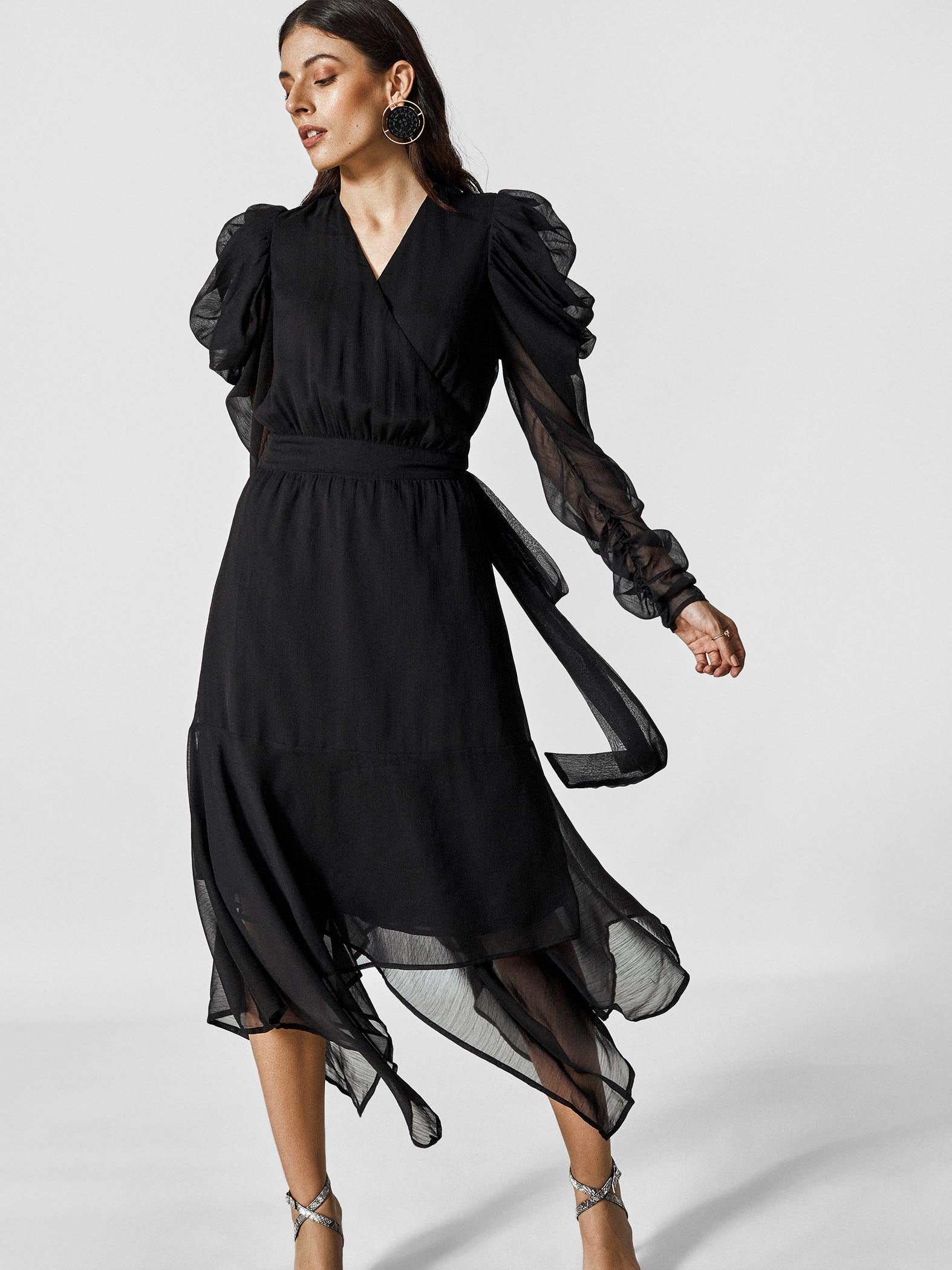 Black Puff Sleeve Wrap Dress