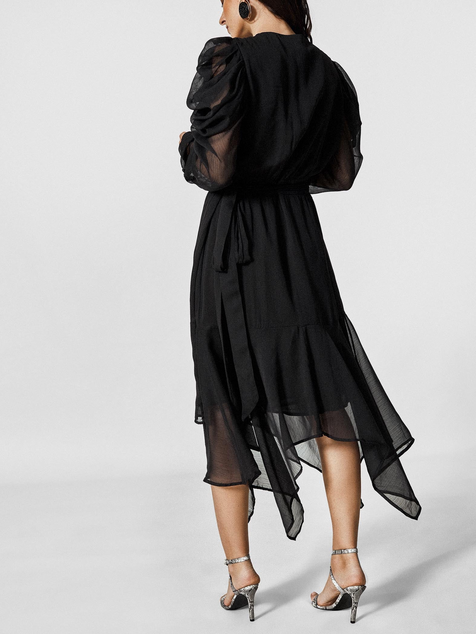 Black Puff Sleeve Wrap Dress