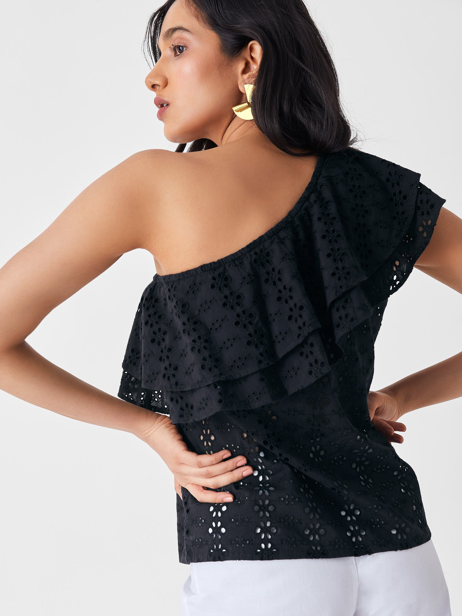 Black Schiffli One Shoulder Overlay Top