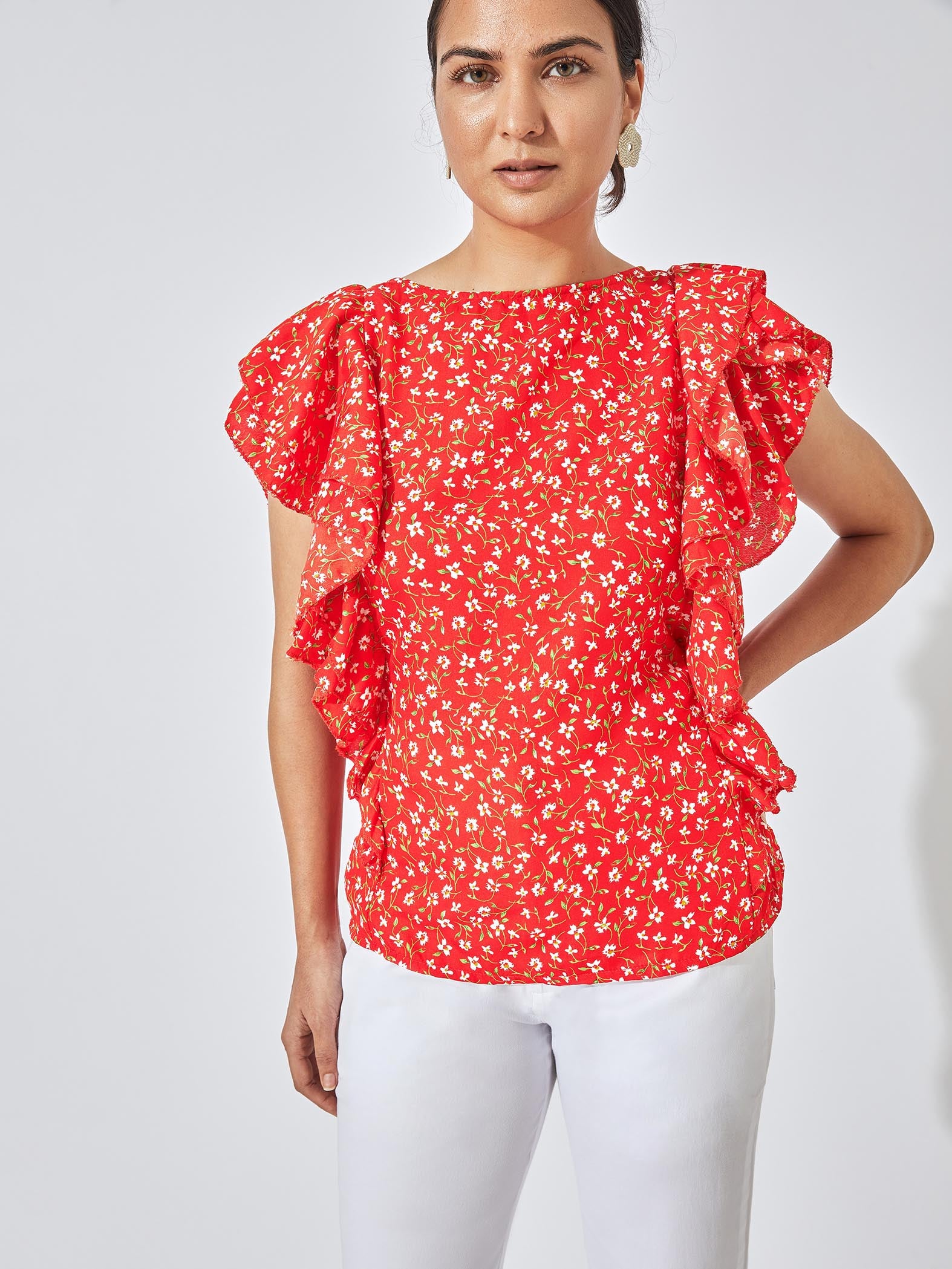 Cherry Floral Ruffle Sleeve Top