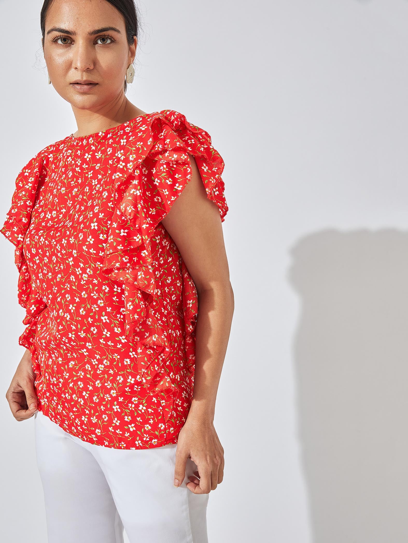 Cherry Floral Ruffle Sleeve Top