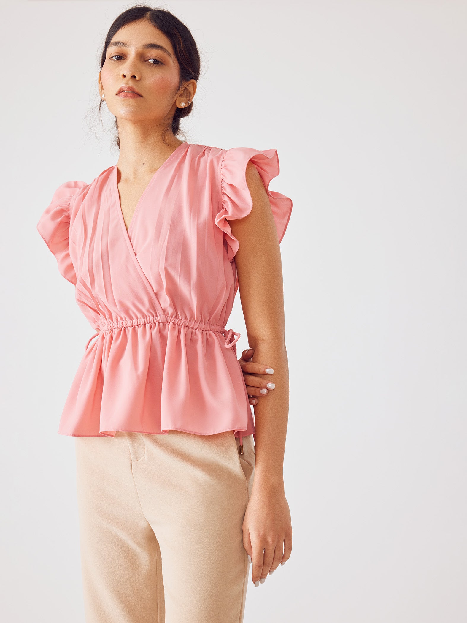 Coral Ruffle Sleeve Peplum Top