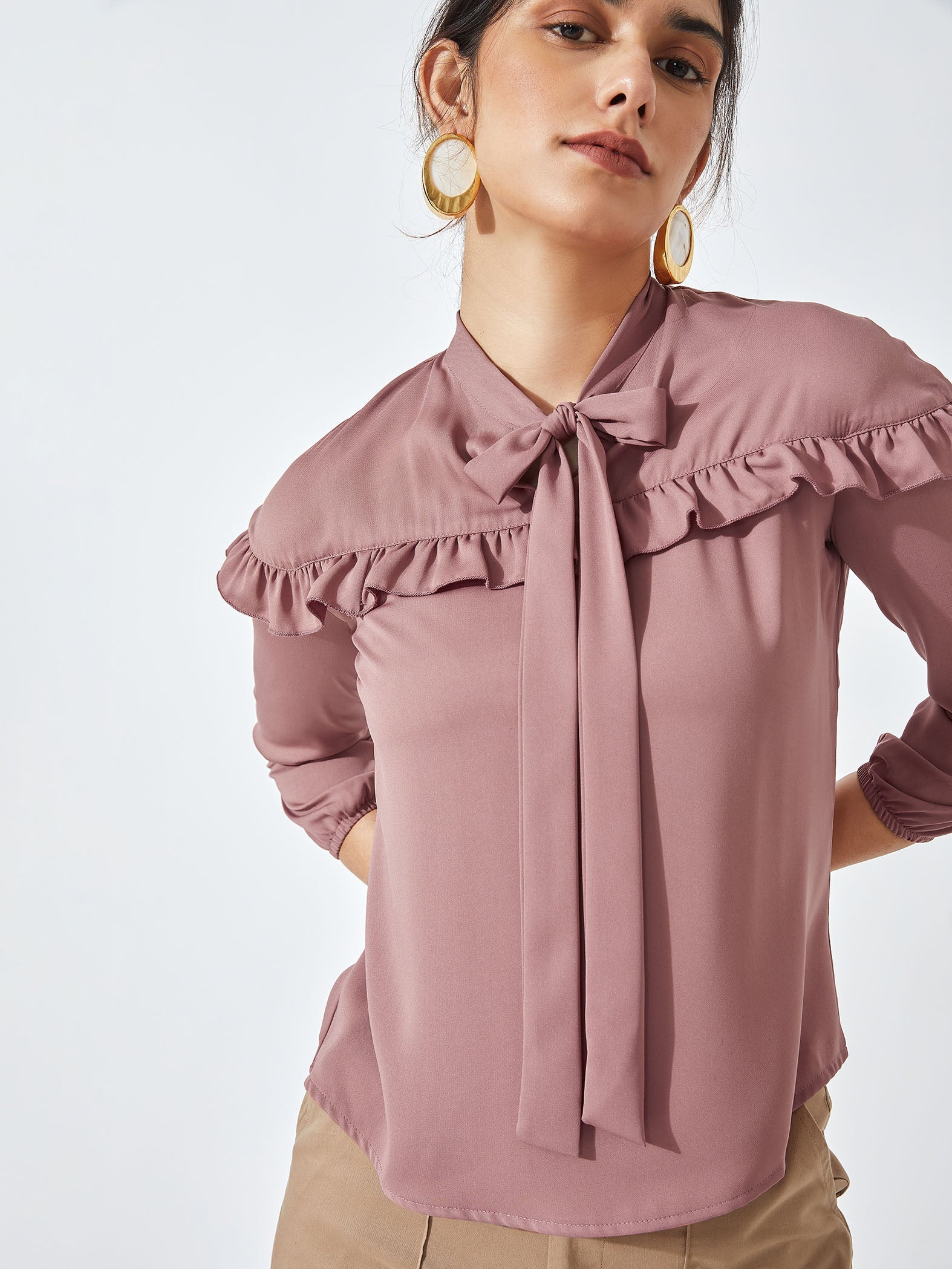 Coral Ruffle Yoke Top