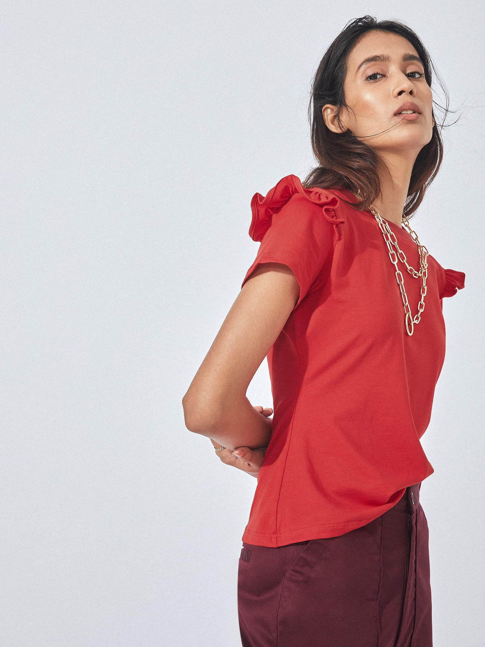 crimson ruffle sleeve top