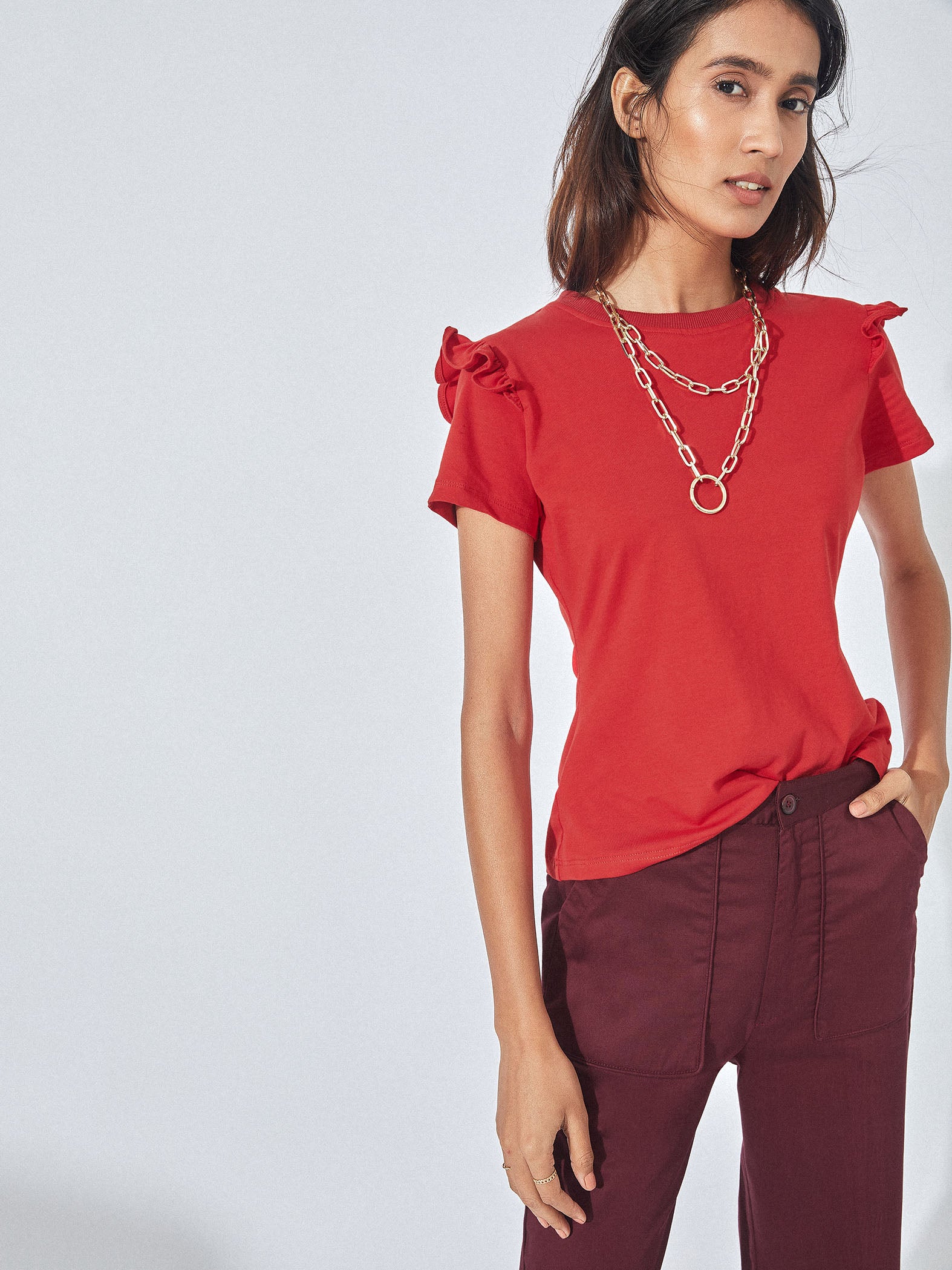 crimson ruffle sleeve top