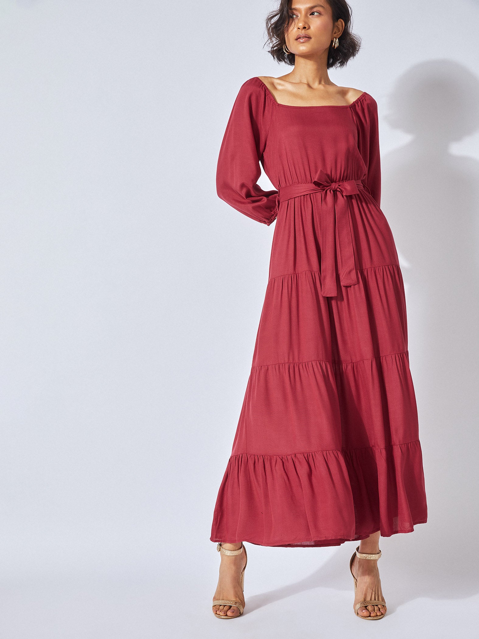 Crimson Tiered Belted Maxi Dress