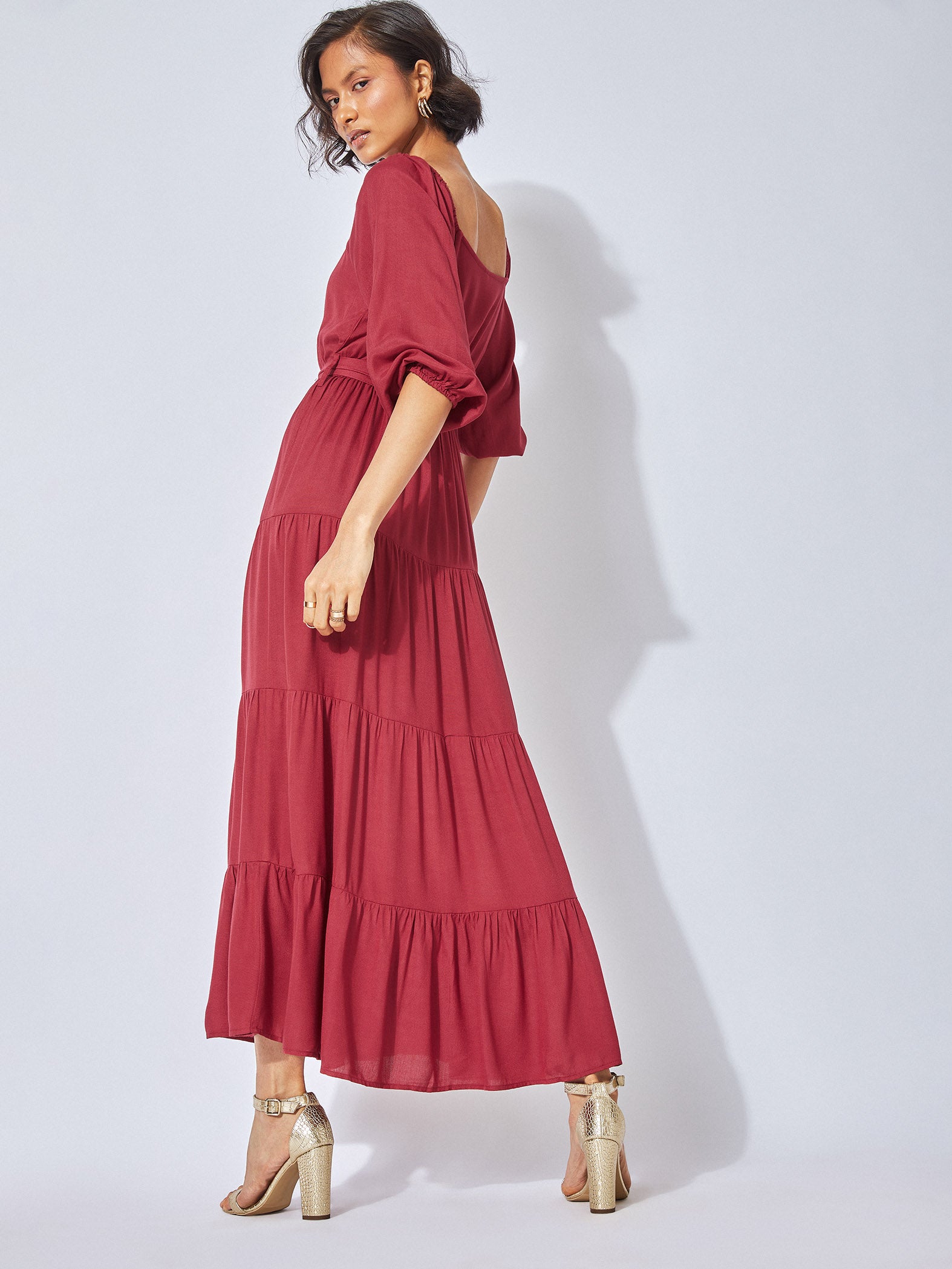 Crimson Tiered Belted Maxi Dress