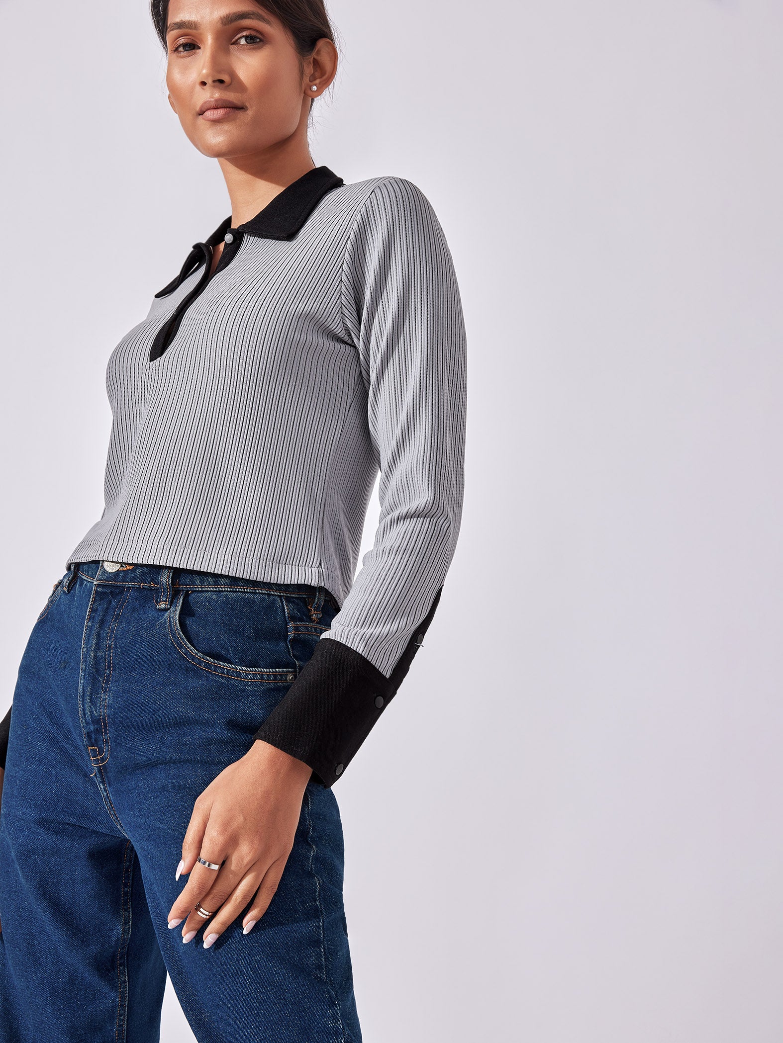 Grey Ribbed Button Collar Top