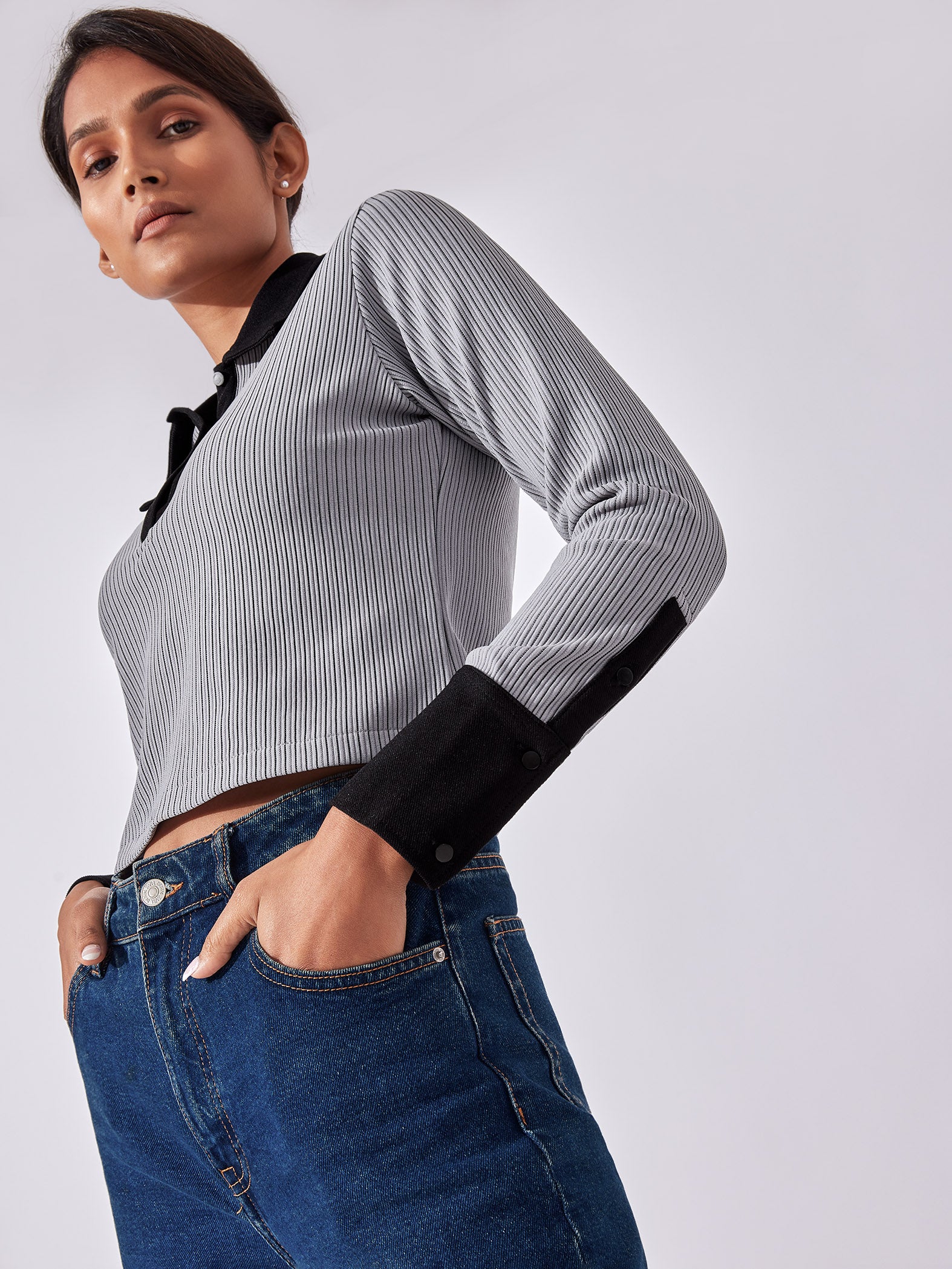 Grey Ribbed Button Collar Top