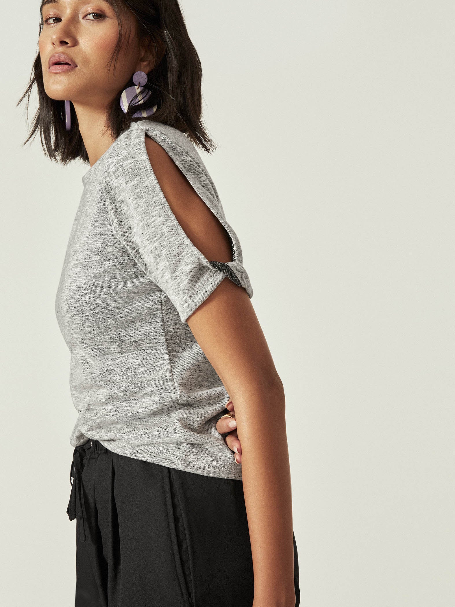 Grey Slit Sleeve Tee