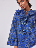 Lapis Floral Ruffle Neck Top