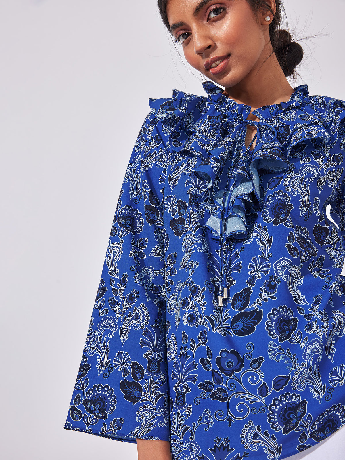 Lapis Floral Ruffle Neck Top