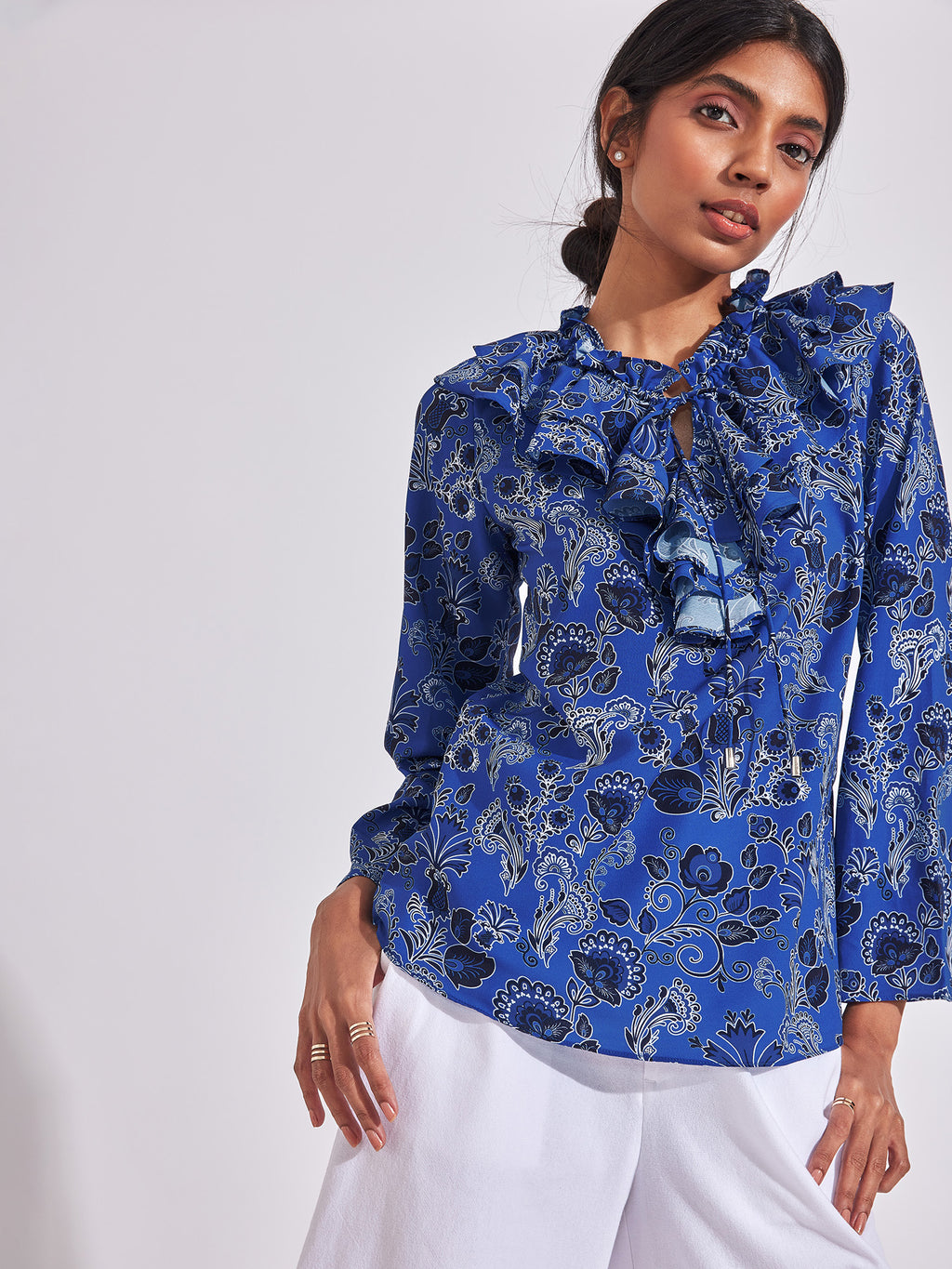 Lapis Floral Ruffle Neck Top