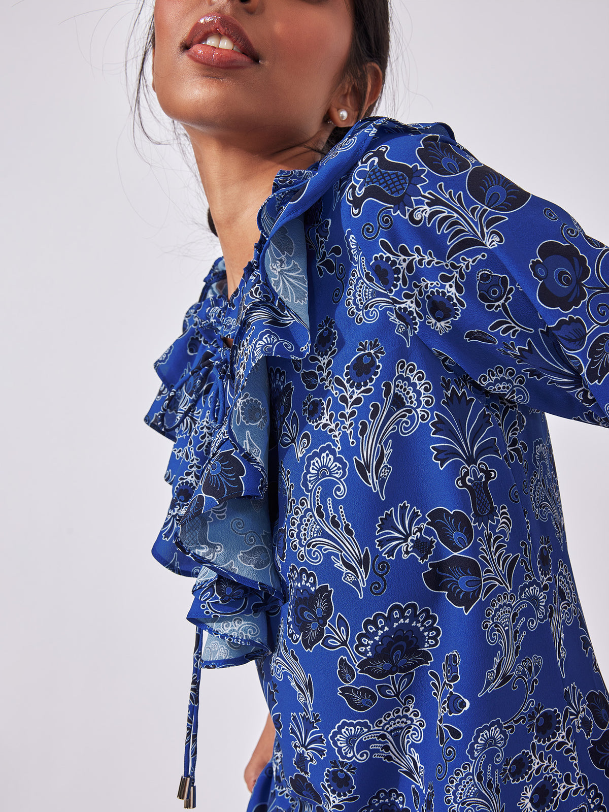 Lapis Floral Ruffle Neck Top