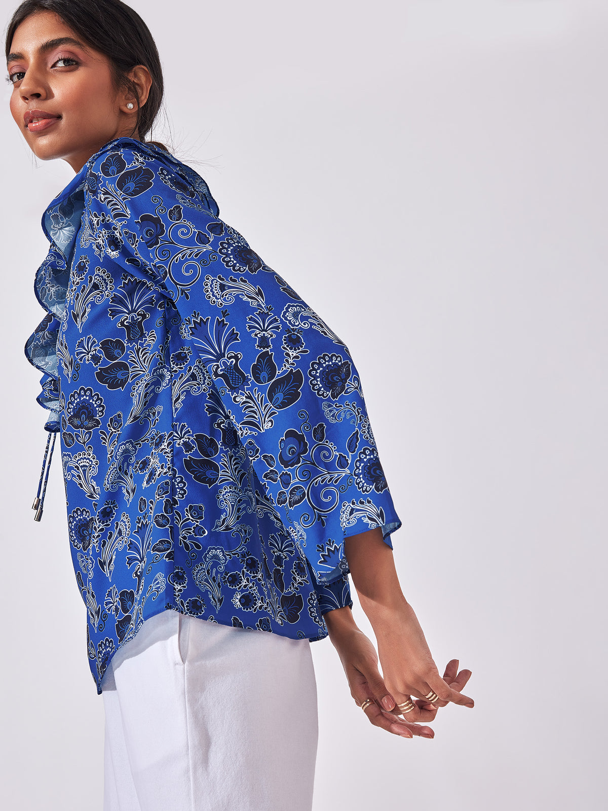 Lapis Floral Ruffle Neck Top