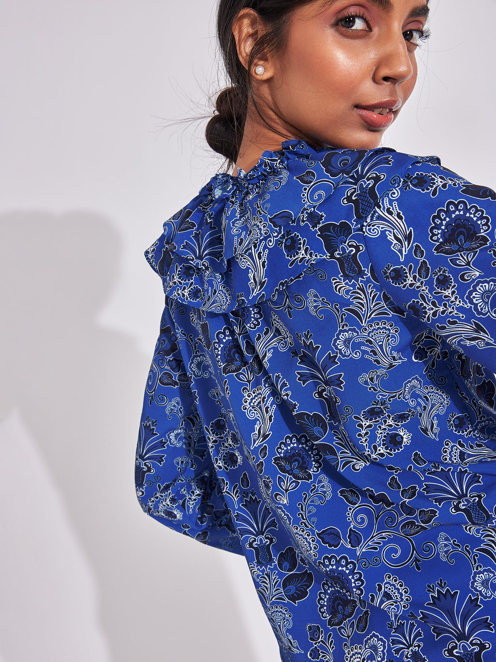 Lapis Floral Ruffle Neck Top