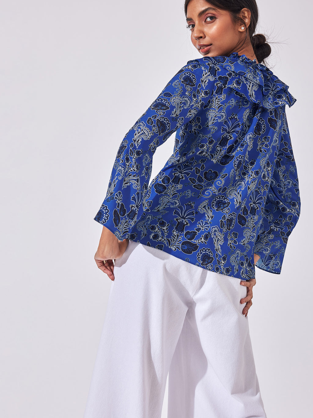 Lapis Floral Ruffle Neck Top