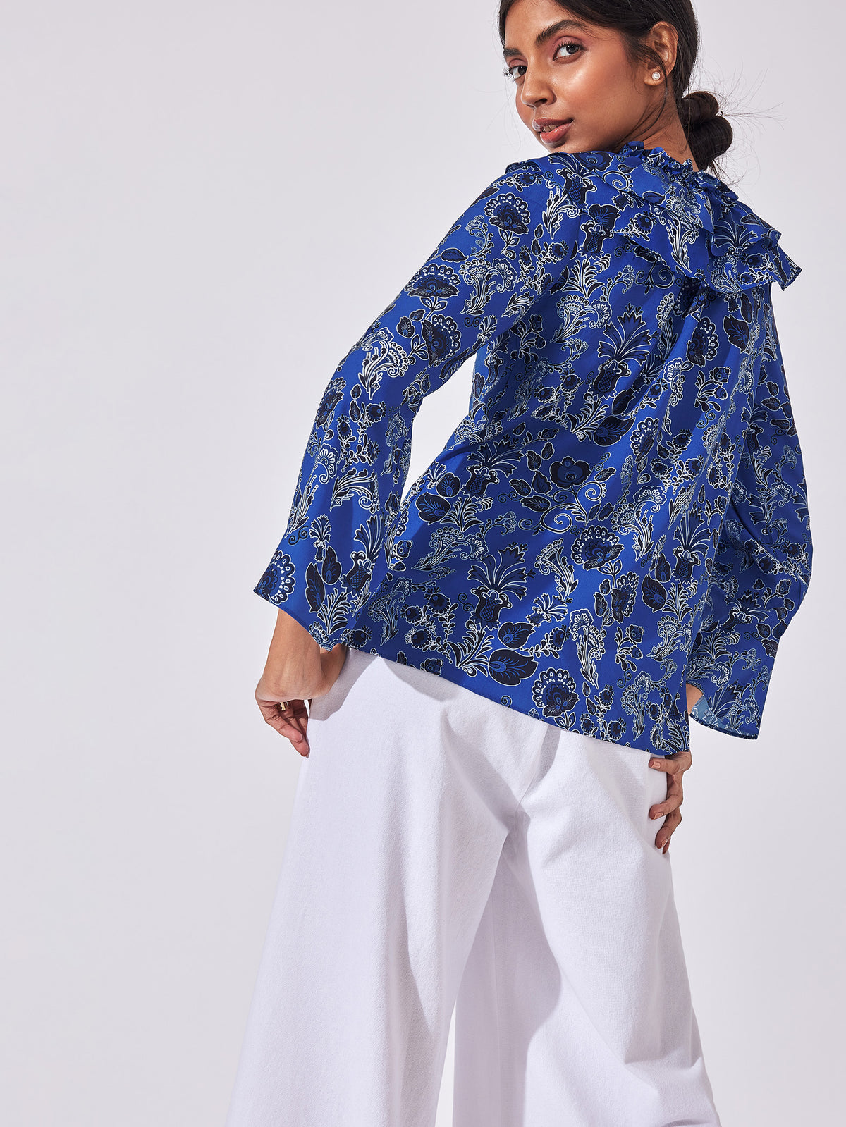 Lapis Floral Ruffle Neck Top
