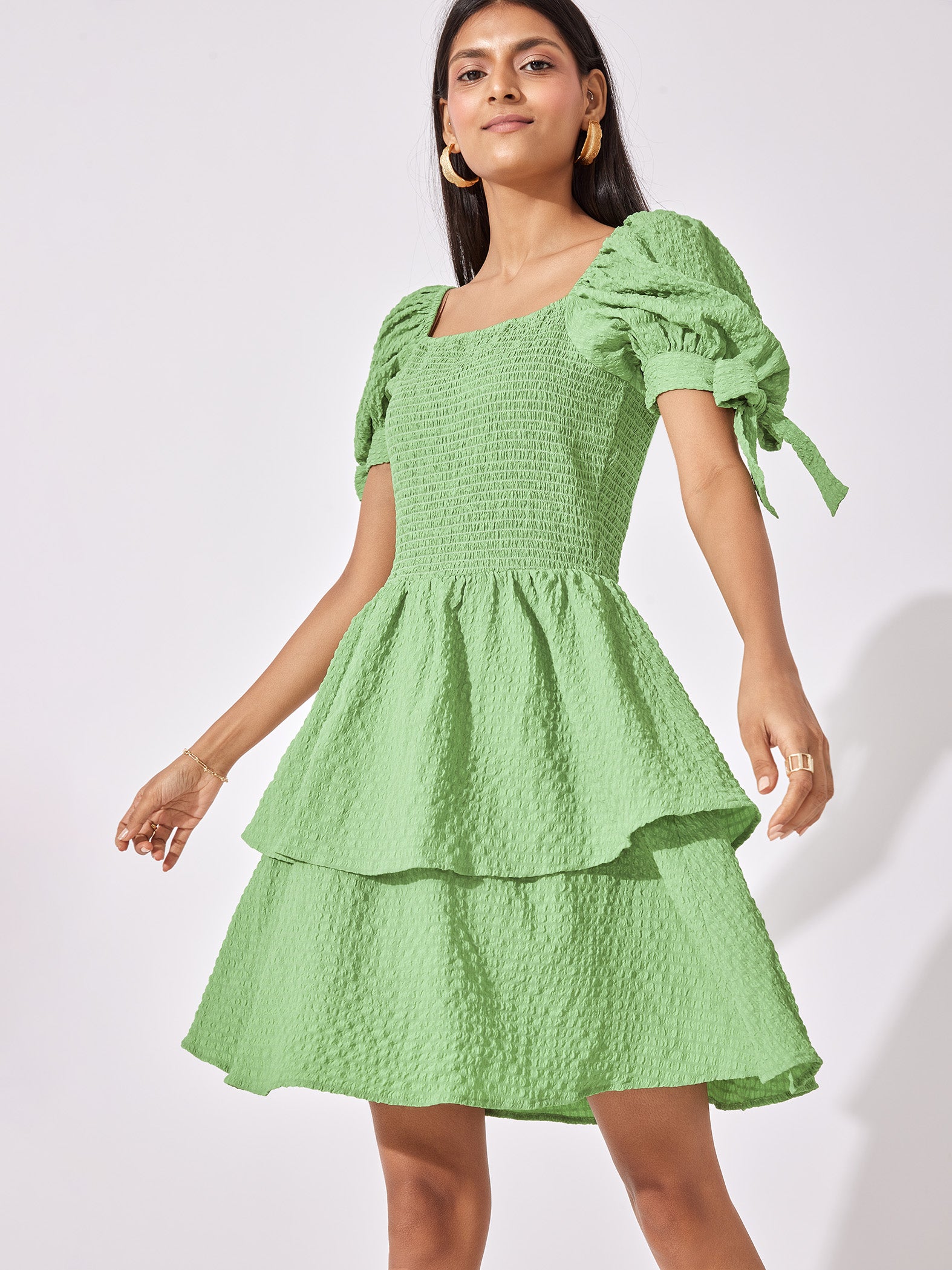 Leaf Tie Up Sleeve Mini Dress