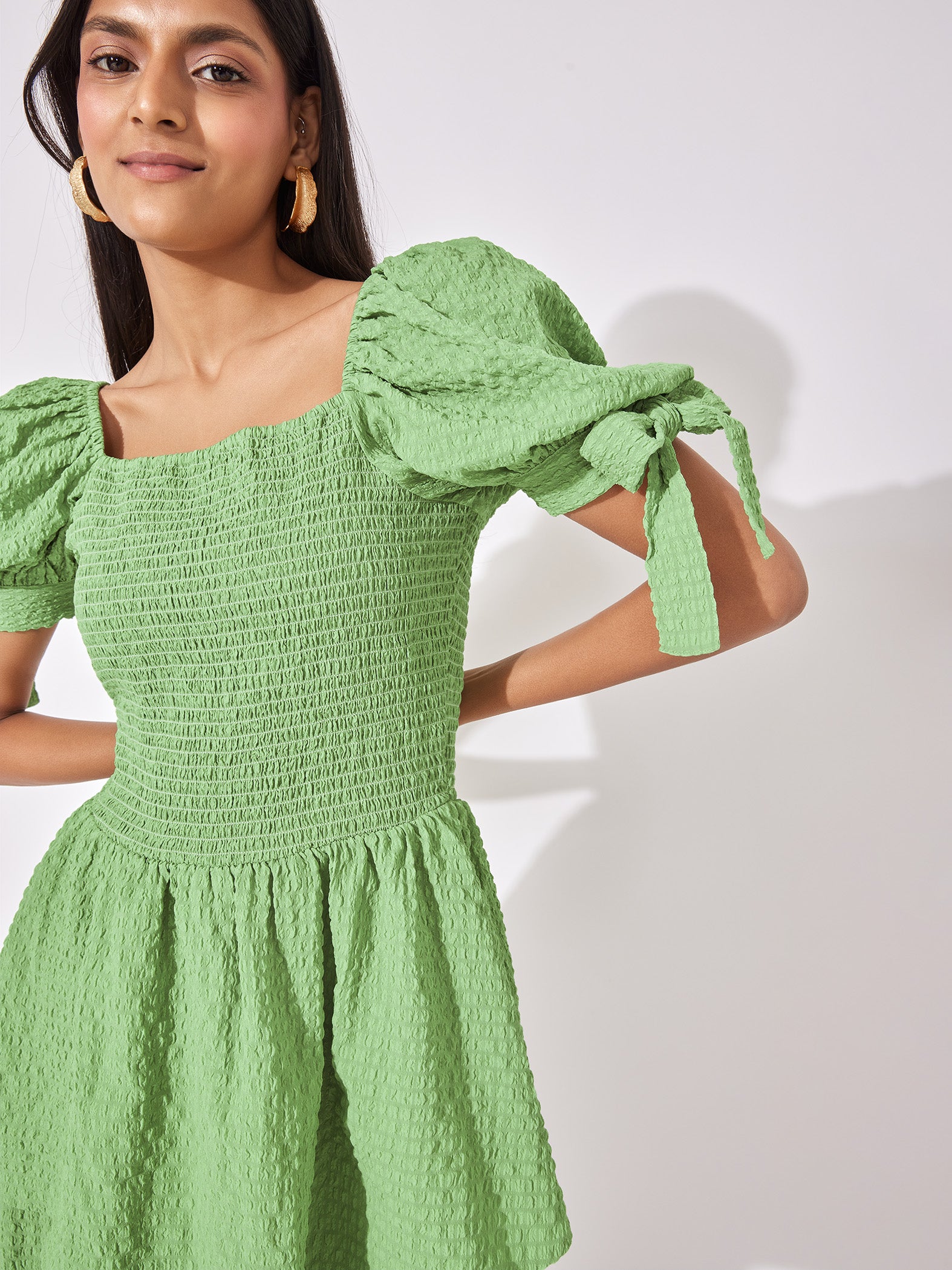 Leaf Tie Up Sleeve Mini Dress