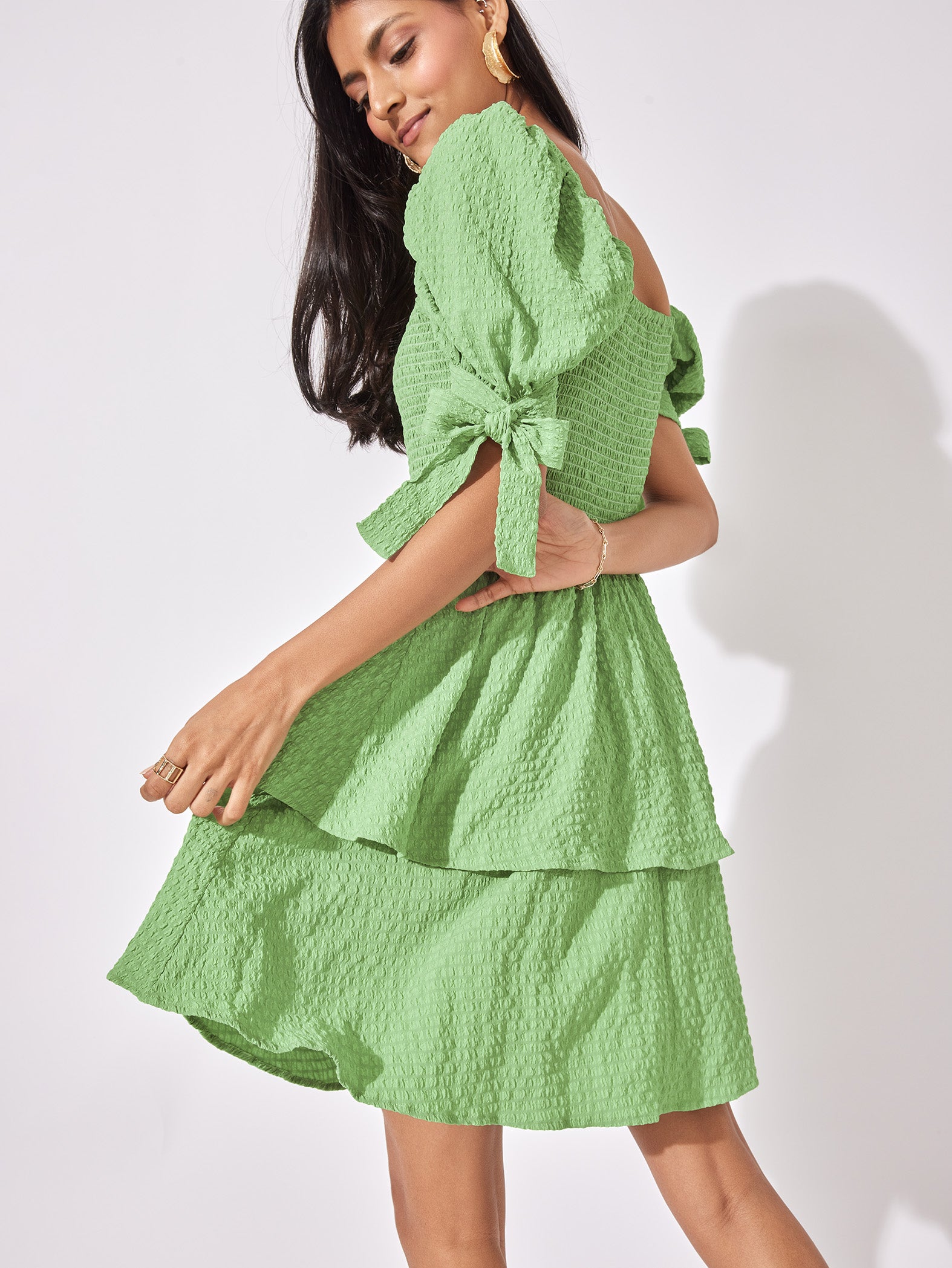 Leaf Tie Up Sleeve Mini Dress