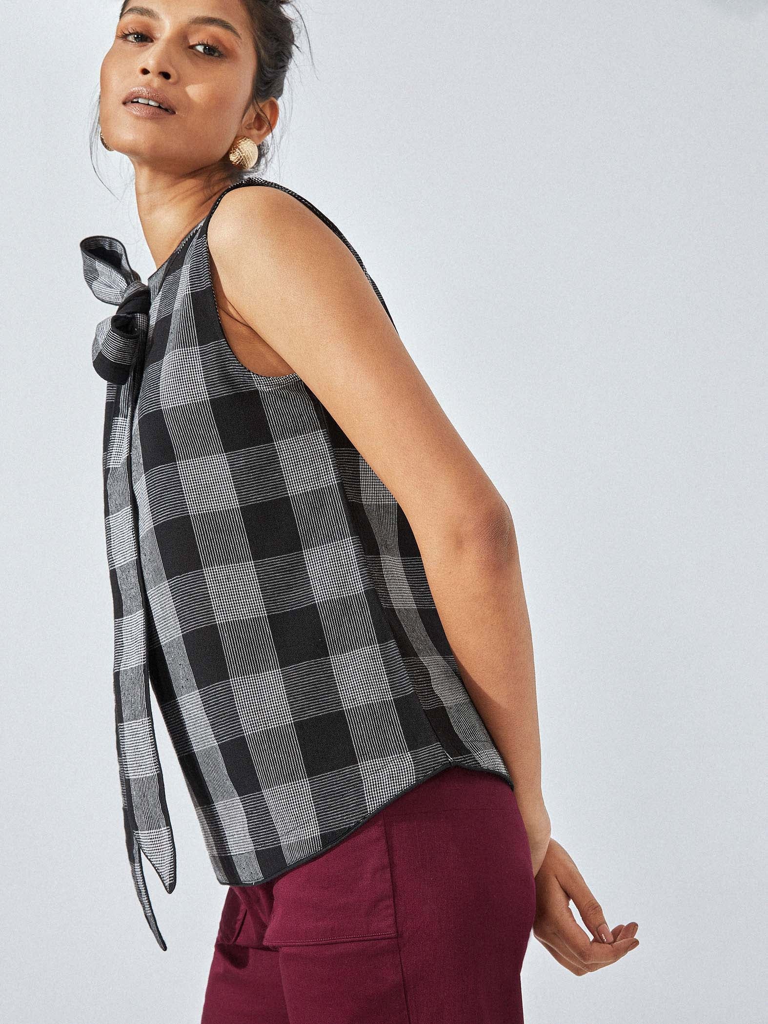 Monochrome Checks Pussybow Top