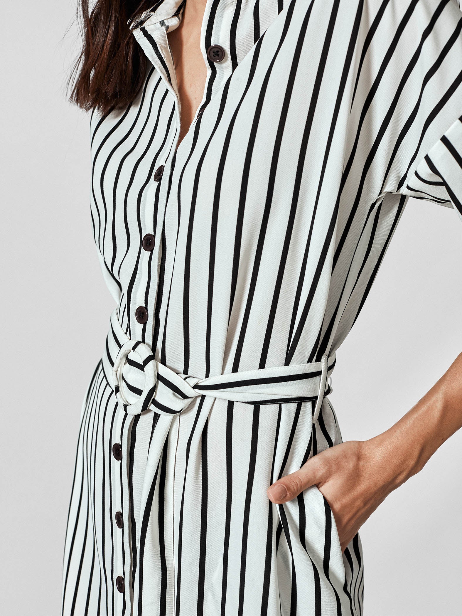 Monochrome Stripe Belted Shirt Dress