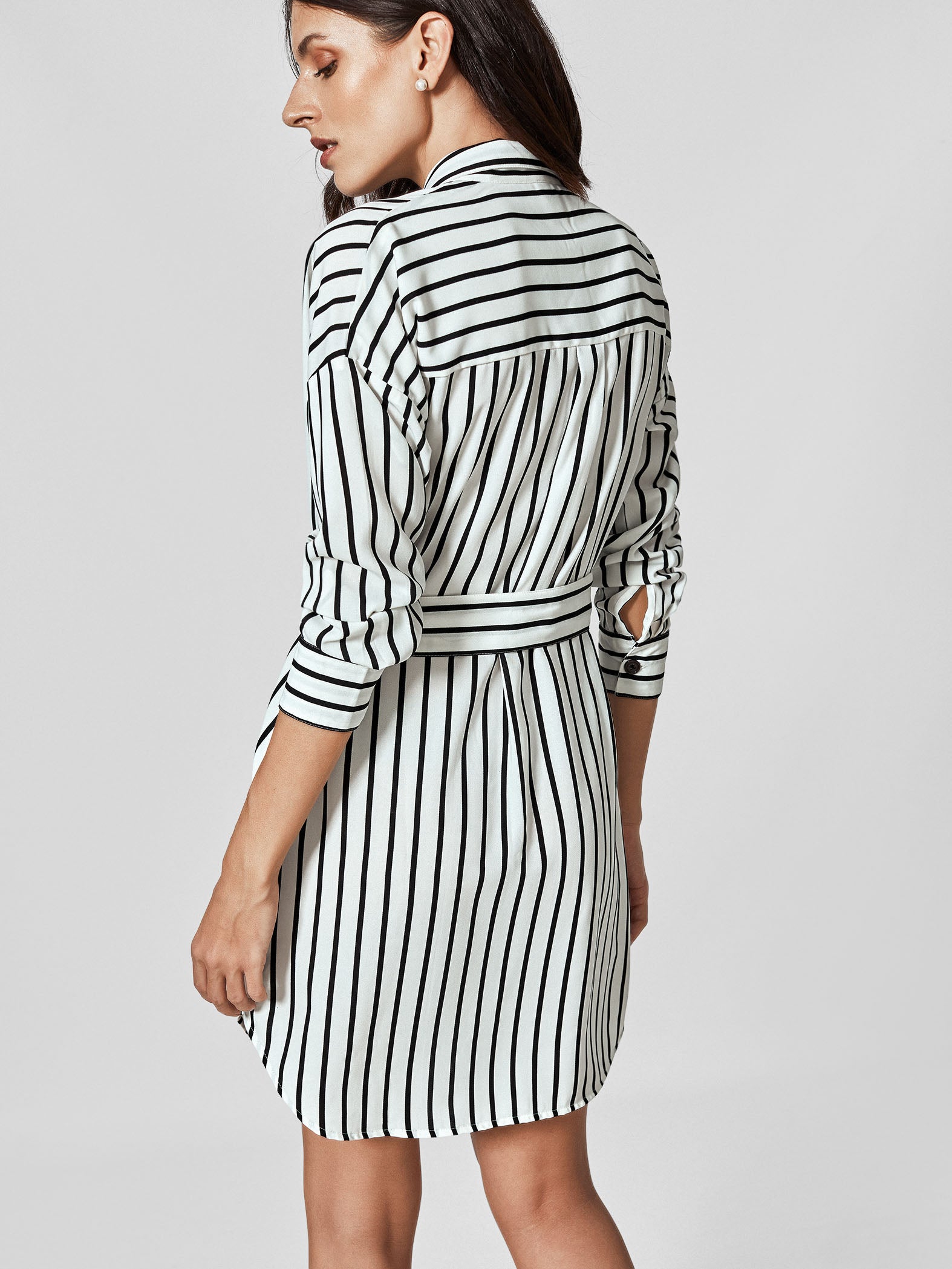 Monochrome Stripe Belted Shirt Dress